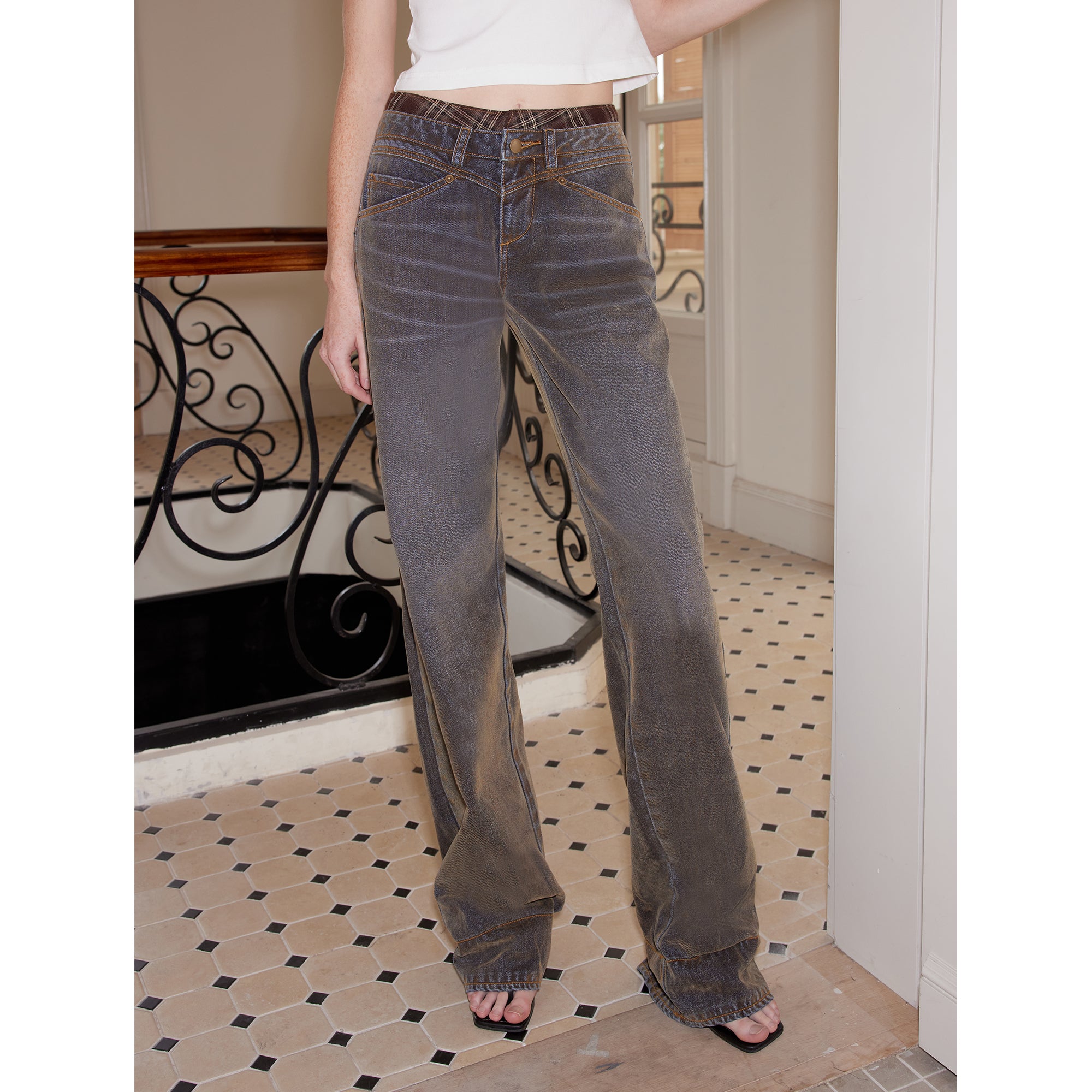 2th Desire Flared Patchwork Leopard Check Lace Trim Denim With Detachable Skirt