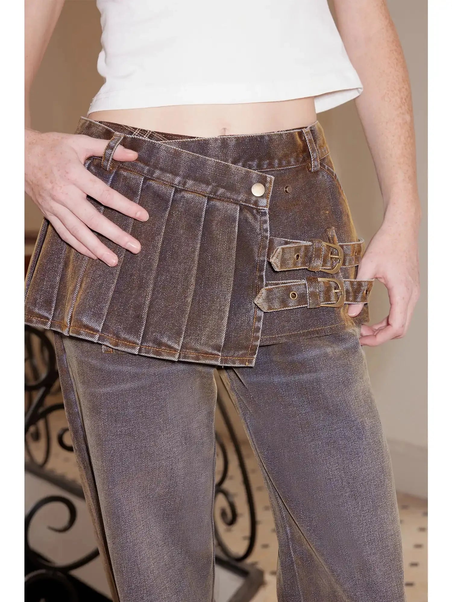 Flared Patchwork Leopard Check Lace Trim Denim With Detachable Skirt