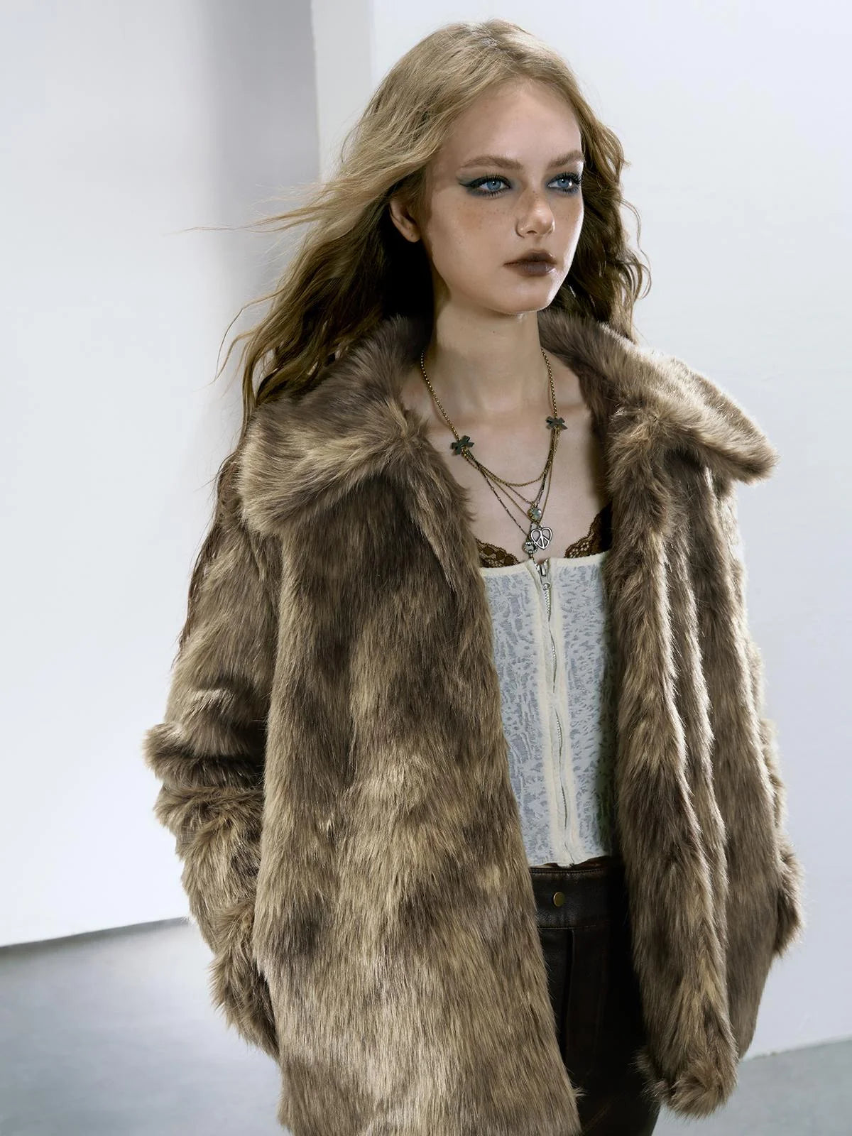 Brown Faux Fur Coat Women&