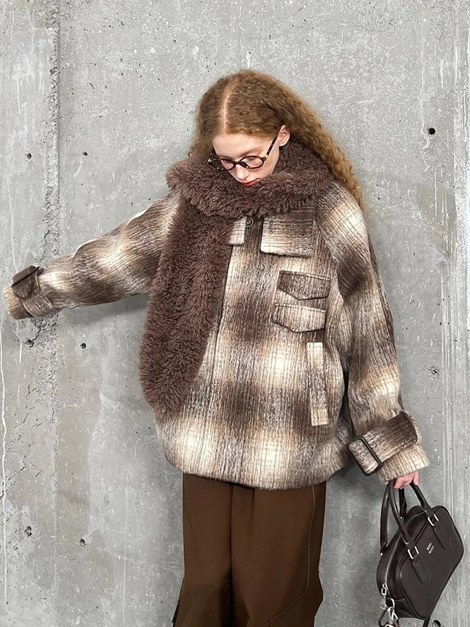 Brown Gradient Check Wool Coat