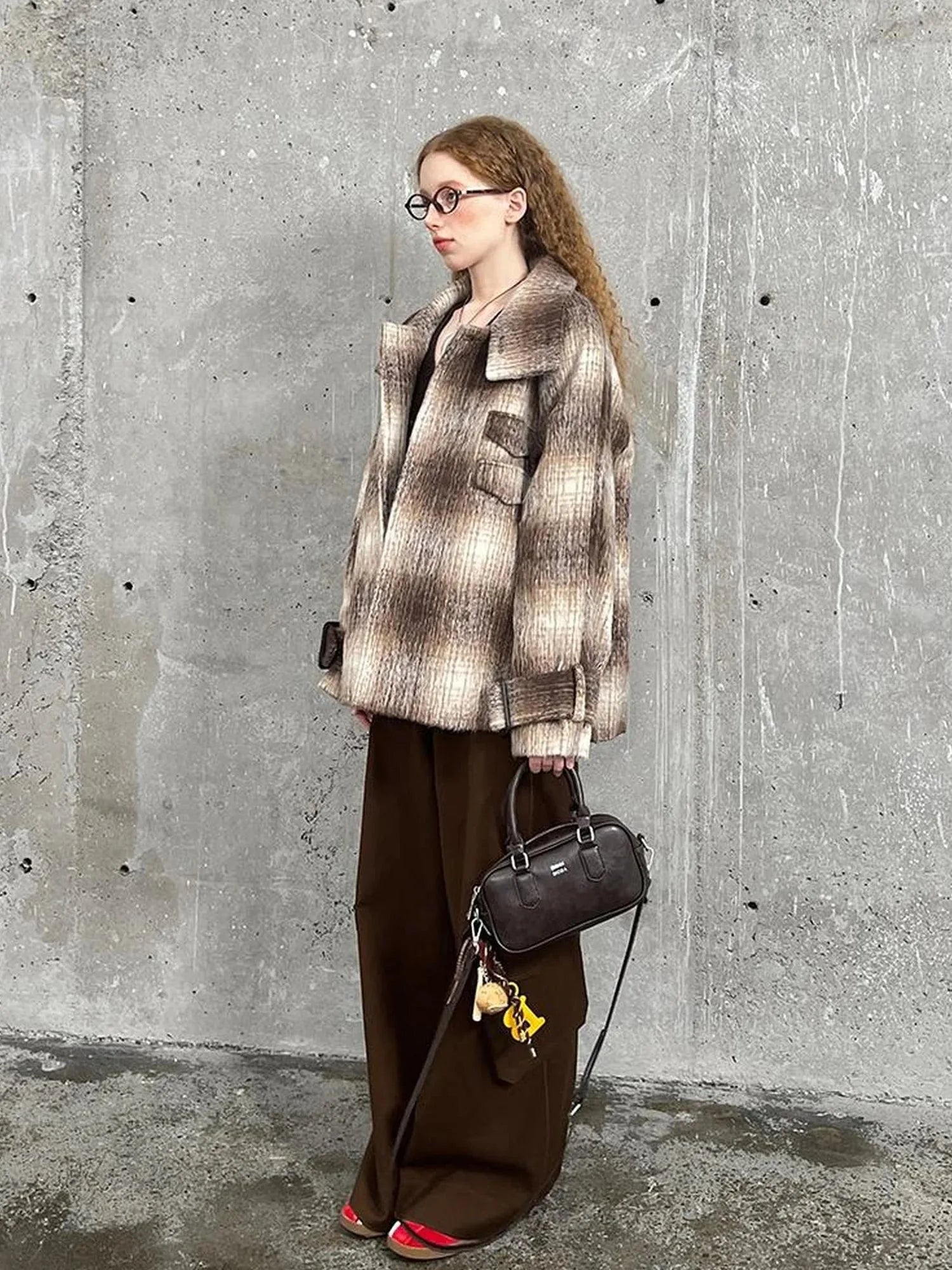 Brown Gradient Check Wool Coat