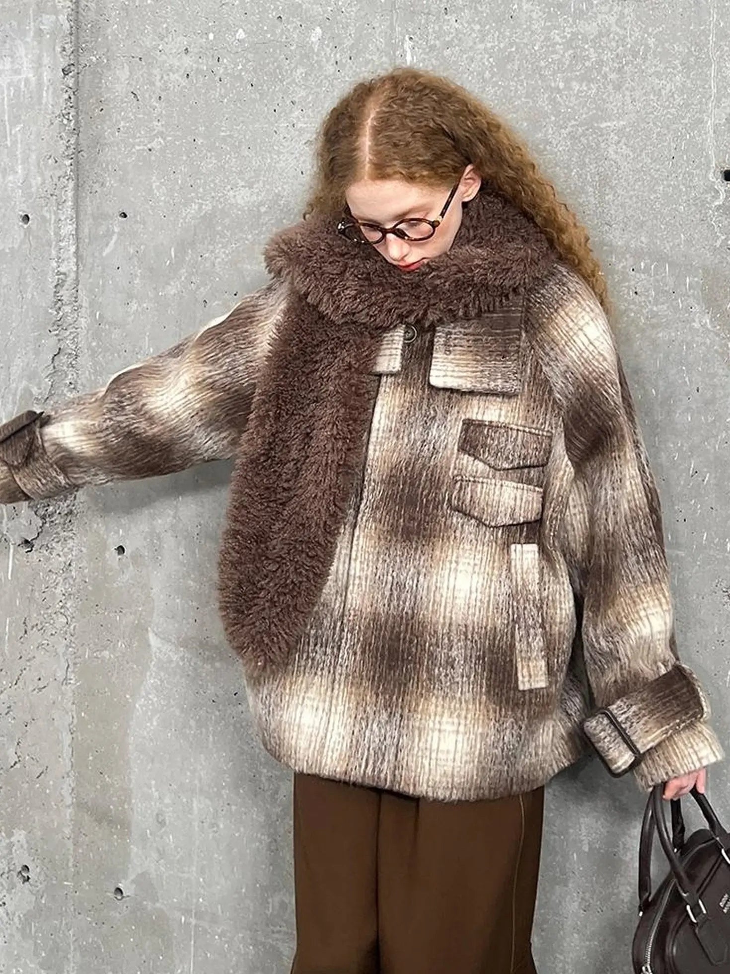 Brown Gradient Check Wool Coat