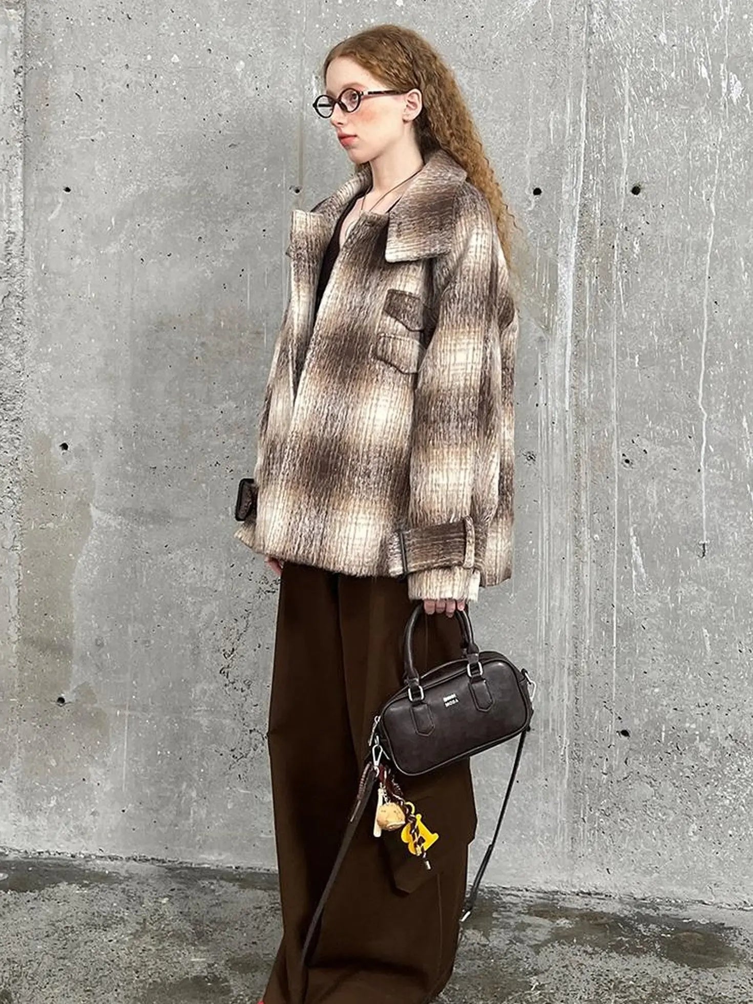 Brown Gradient Check Wool Coat