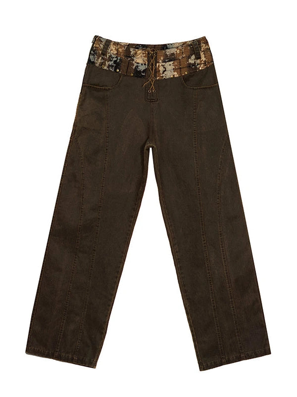 Low Waist Wide Leg Belted Patchwork Denim Pants