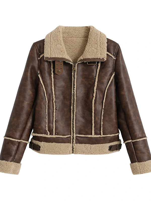 Yanyu Escape Brown Faux Shearling Motorcycle Jacket