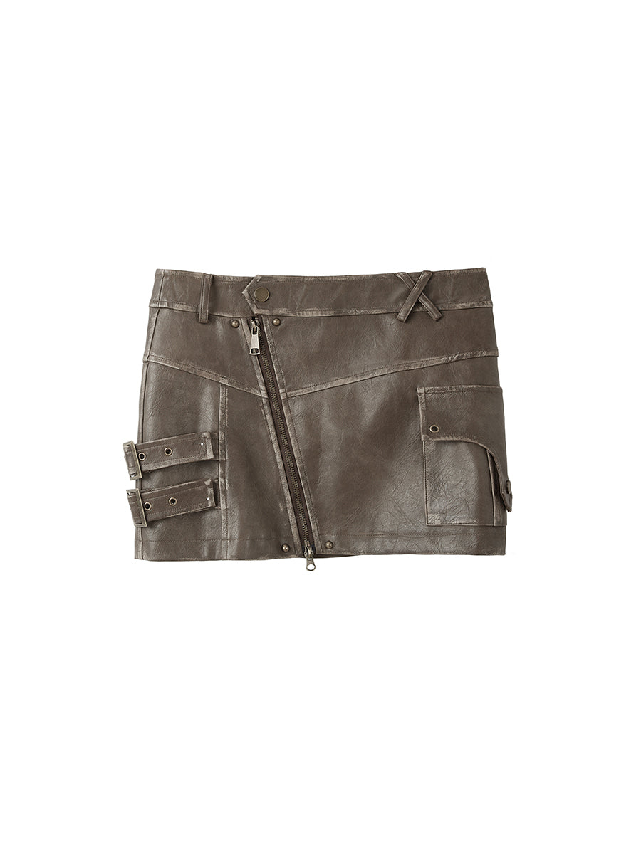 Cest Nous Brown Distressed Asymmetrical Butterfly Leather Mini Skirt