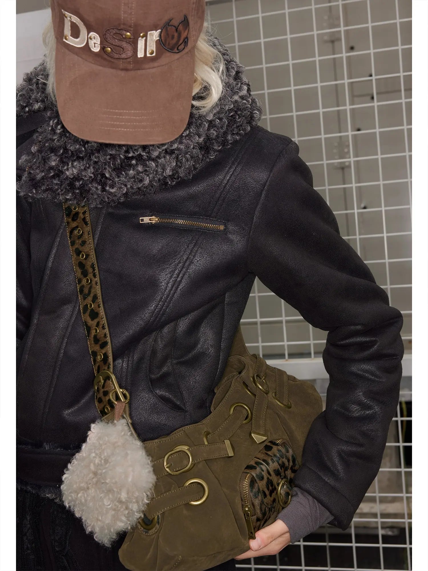 Punk Studded Horsehair Leather Crossbody Bag With Detachable Keychain