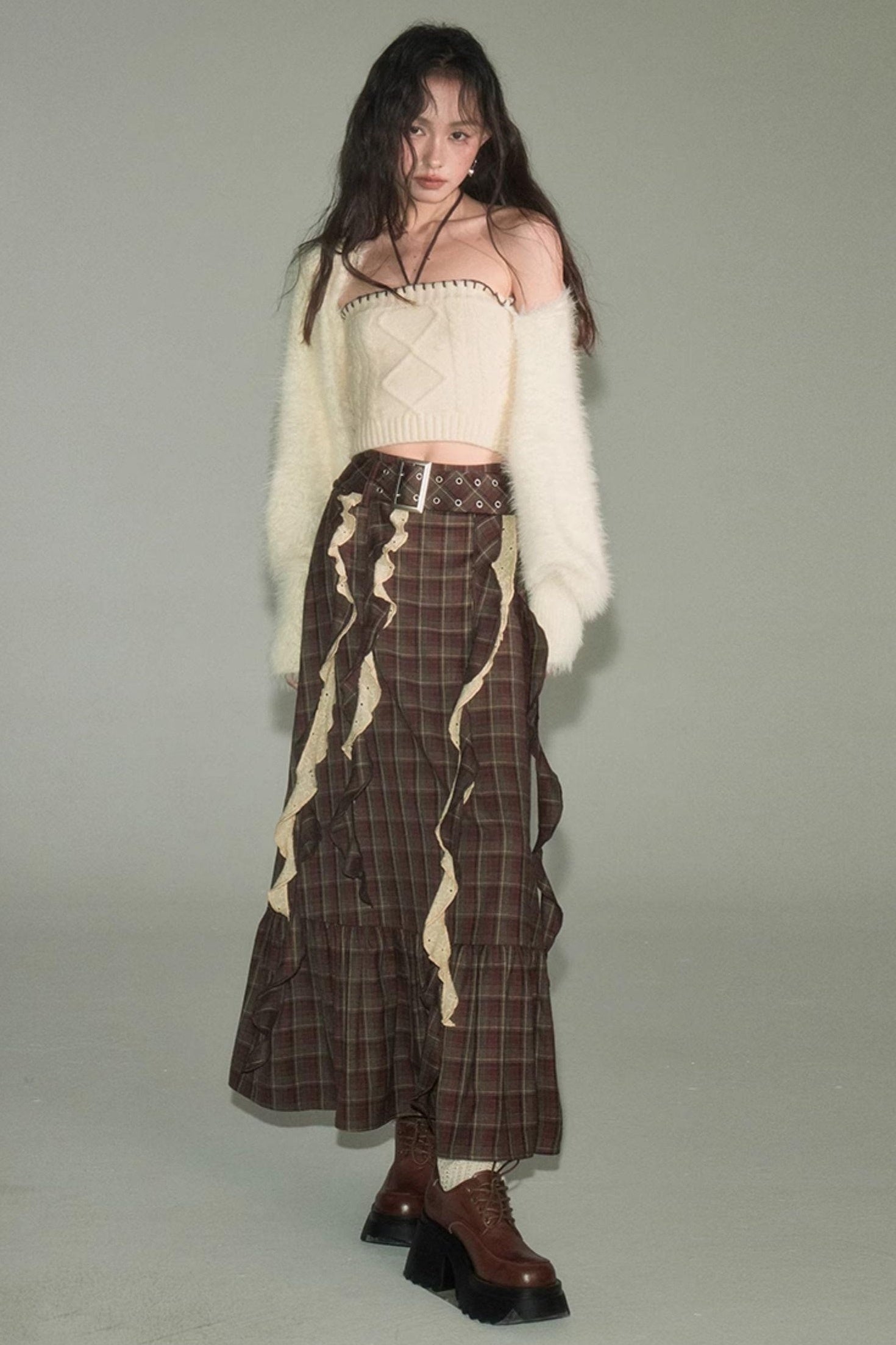 DIDDI MODA Brown Plaid Midi Skirt With Flowing Ribbon Details