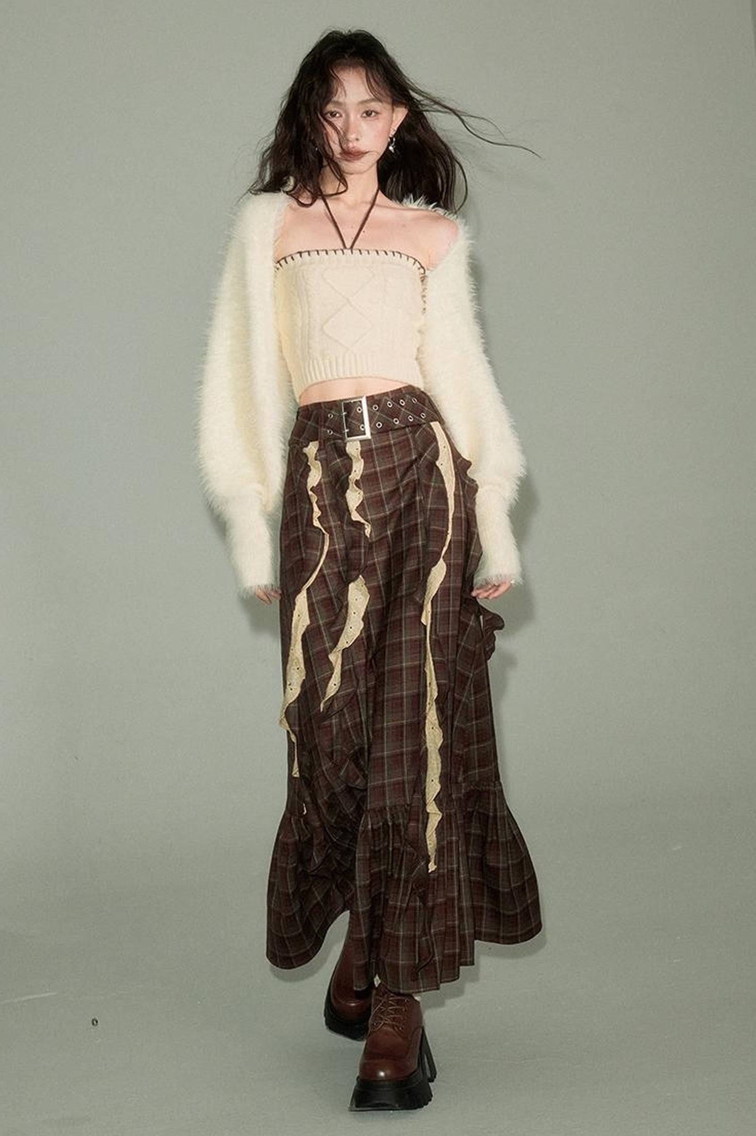 DIDDI MODA Brown Plaid Midi Skirt With Flowing Ribbon Details