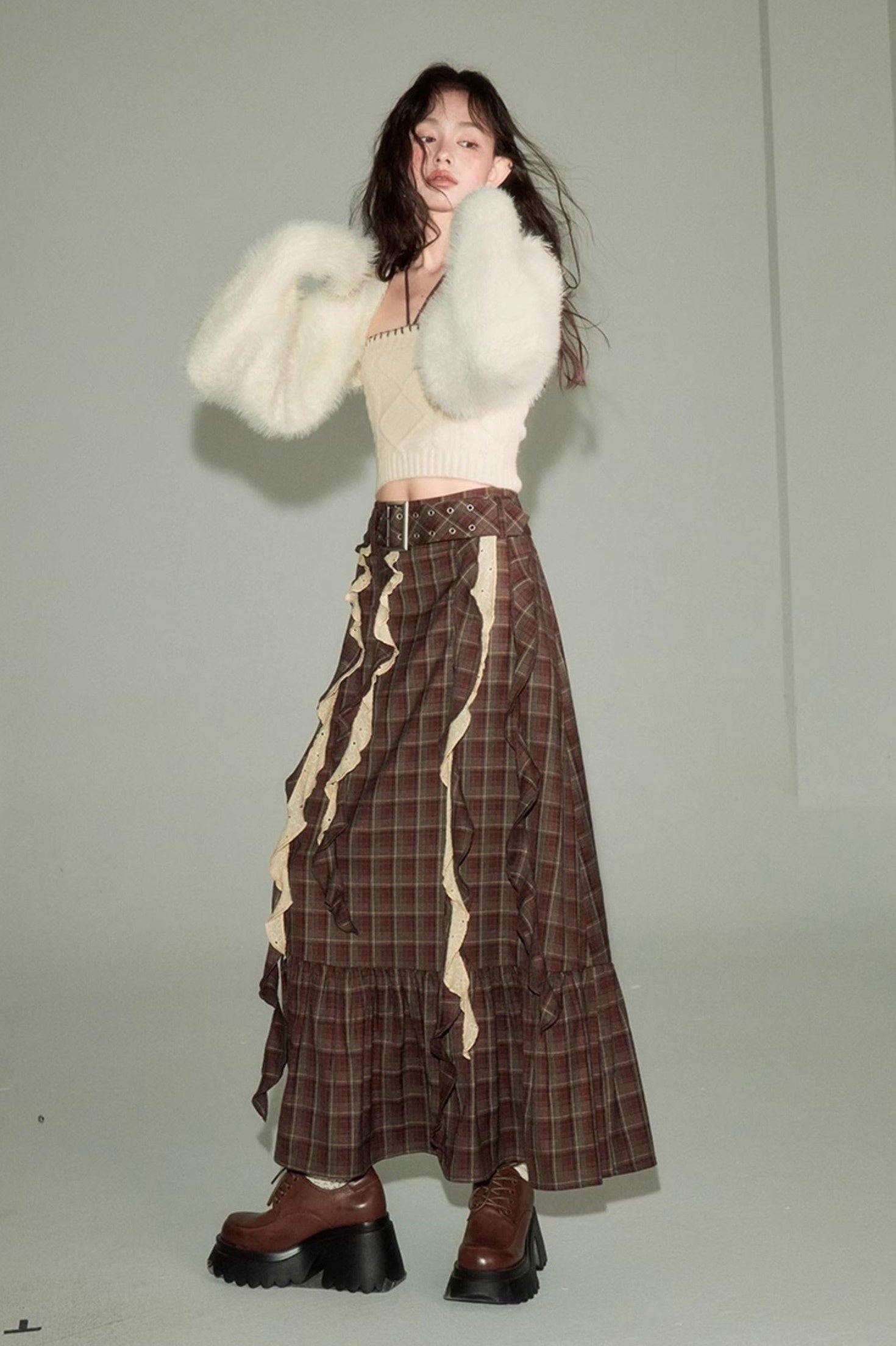 DIDDI MODA Brown Plaid Midi Skirt With Flowing Ribbon Details