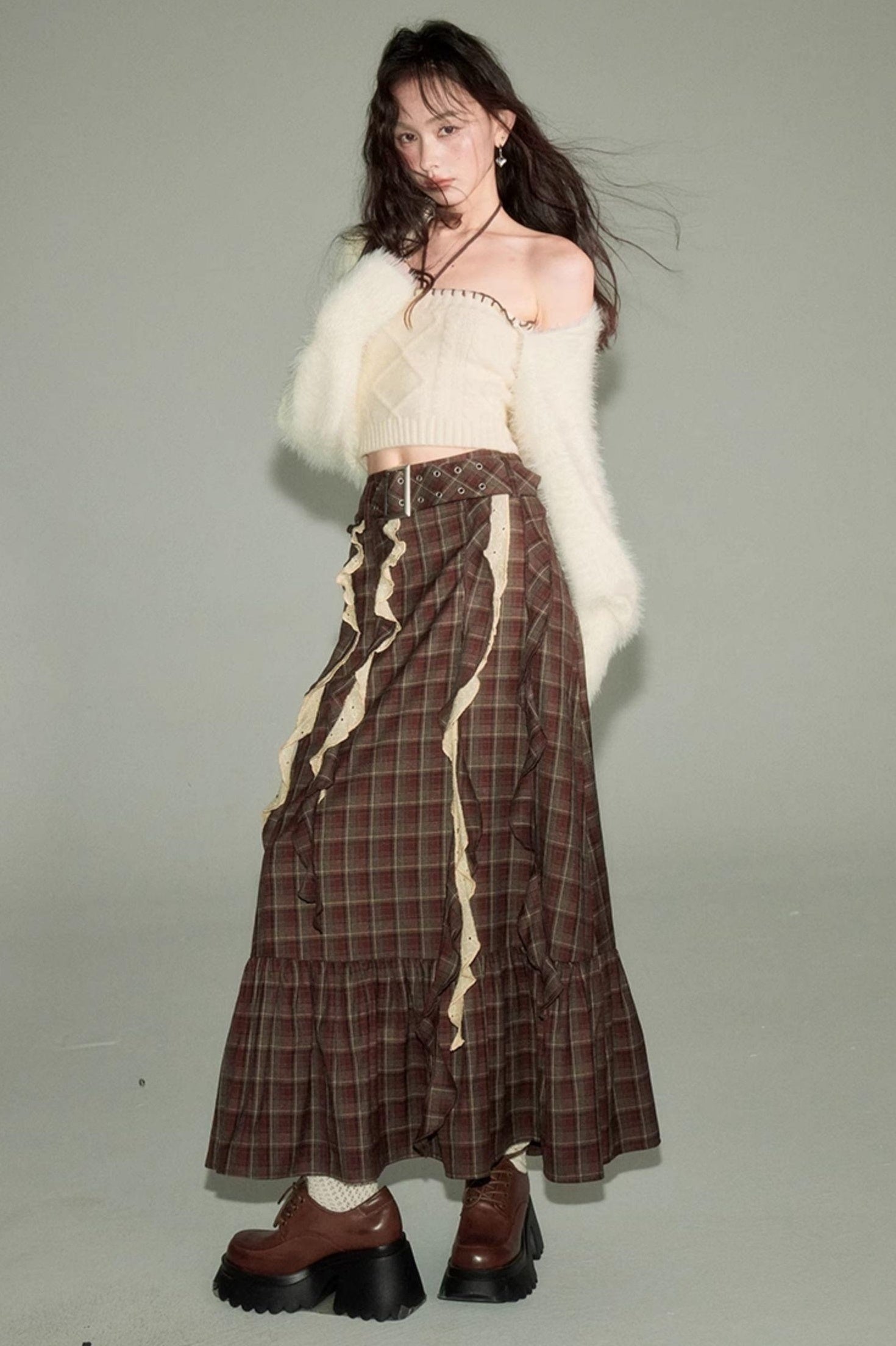 DIDDI MODA Brown Plaid Midi Skirt With Flowing Ribbon Details