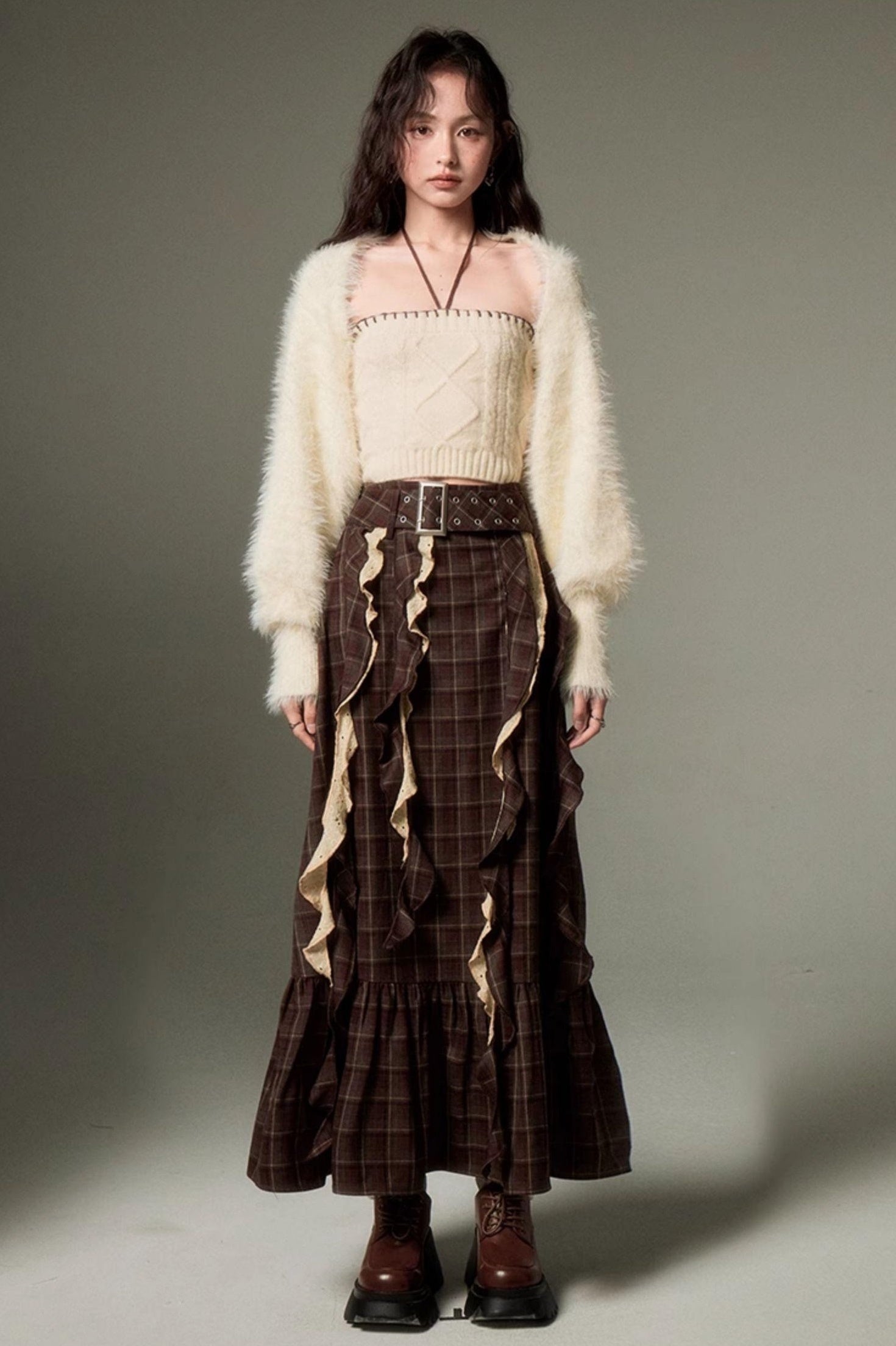 DIDDI MODA Brown Plaid Midi Skirt With Flowing Ribbon Details