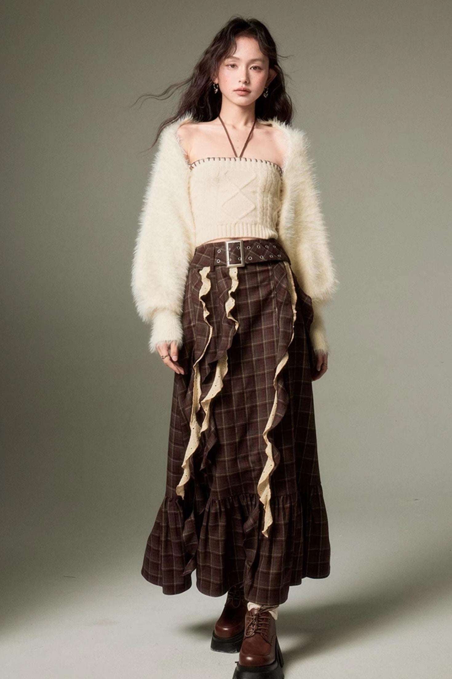 DIDDI MODA Brown Plaid Midi Skirt With Flowing Ribbon Details