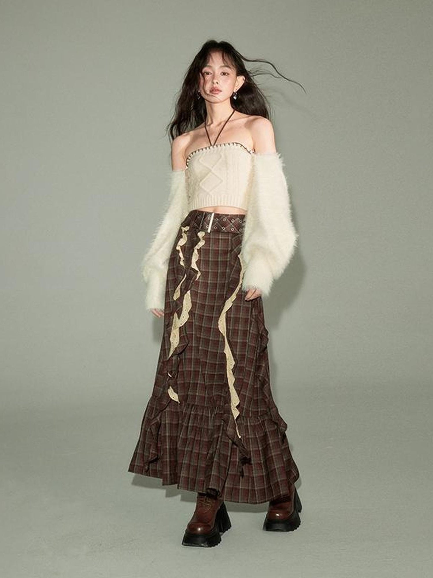 DIDDI MODA Brown Plaid Midi Skirt With Flowing Ribbon Details