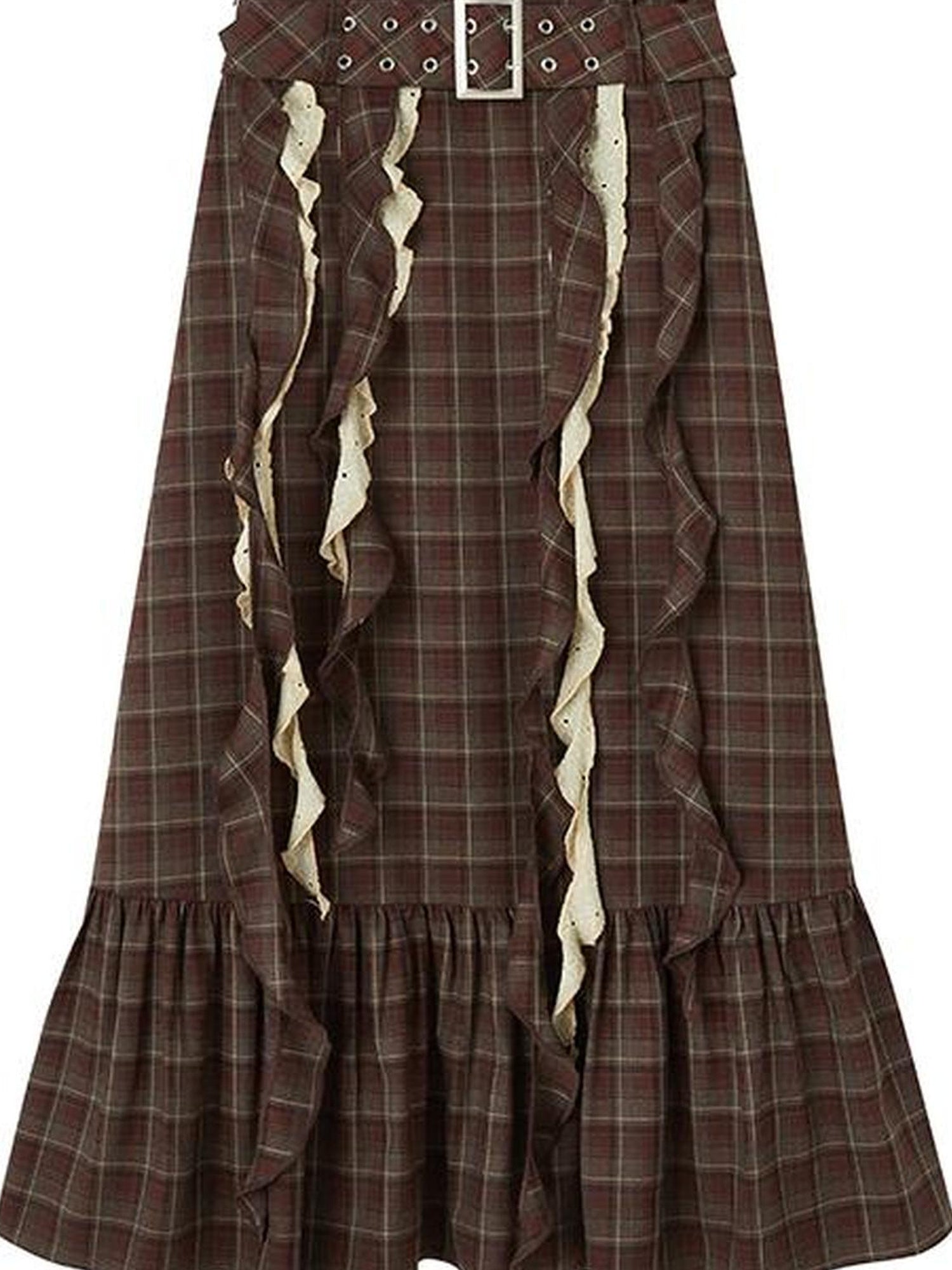 DIDDI MODA Brown Plaid Midi Skirt With Flowing Ribbon Details