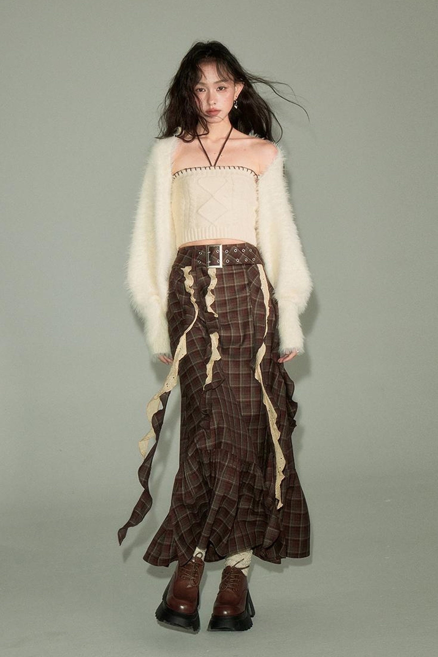 DIDDI MODA Brown Plaid Midi Skirt With Flowing Ribbon Details