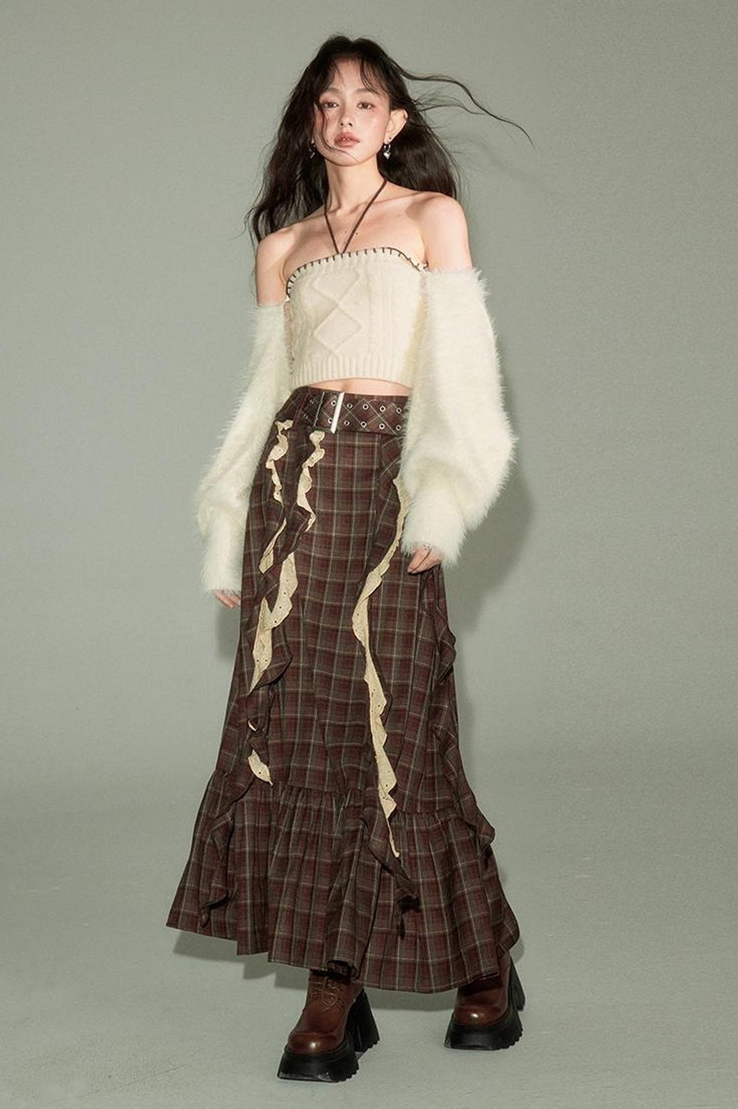 DIDDI MODA Brown Plaid Midi Skirt With Flowing Ribbon Details