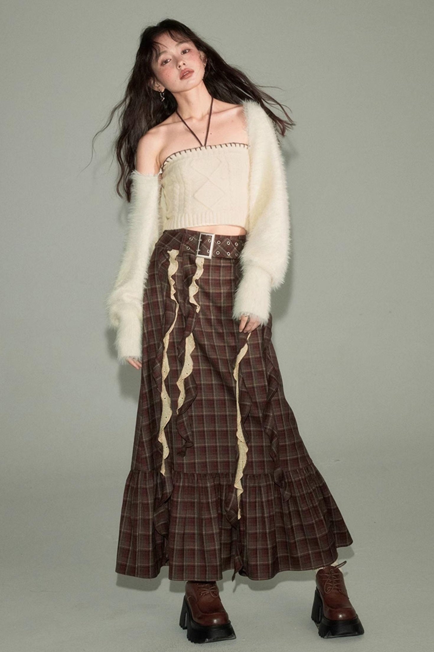 DIDDI MODA Brown Plaid Midi Skirt With Flowing Ribbon Details