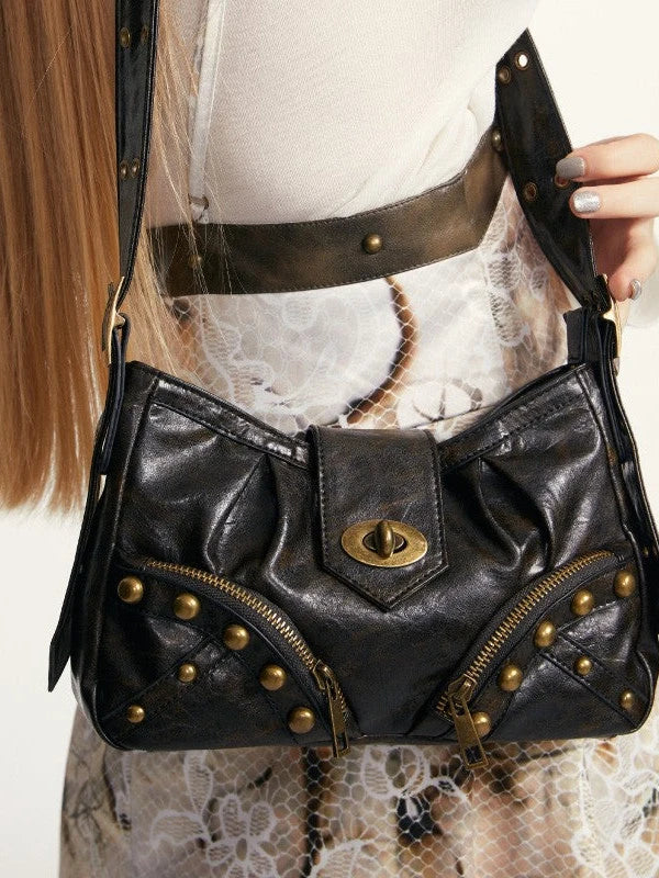 Vintage Y2 K Black Brown Leather Shoulder Tote