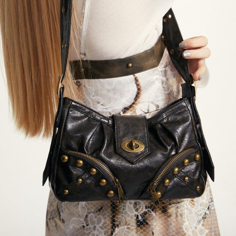 2th Desire Vintage Y2 K Black Brown Leather Shoulder Tote