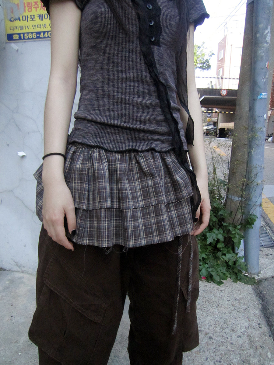 ang project Double Layer Grid Tie Front Layering Brown Plaid Hem Wrap Skirt
