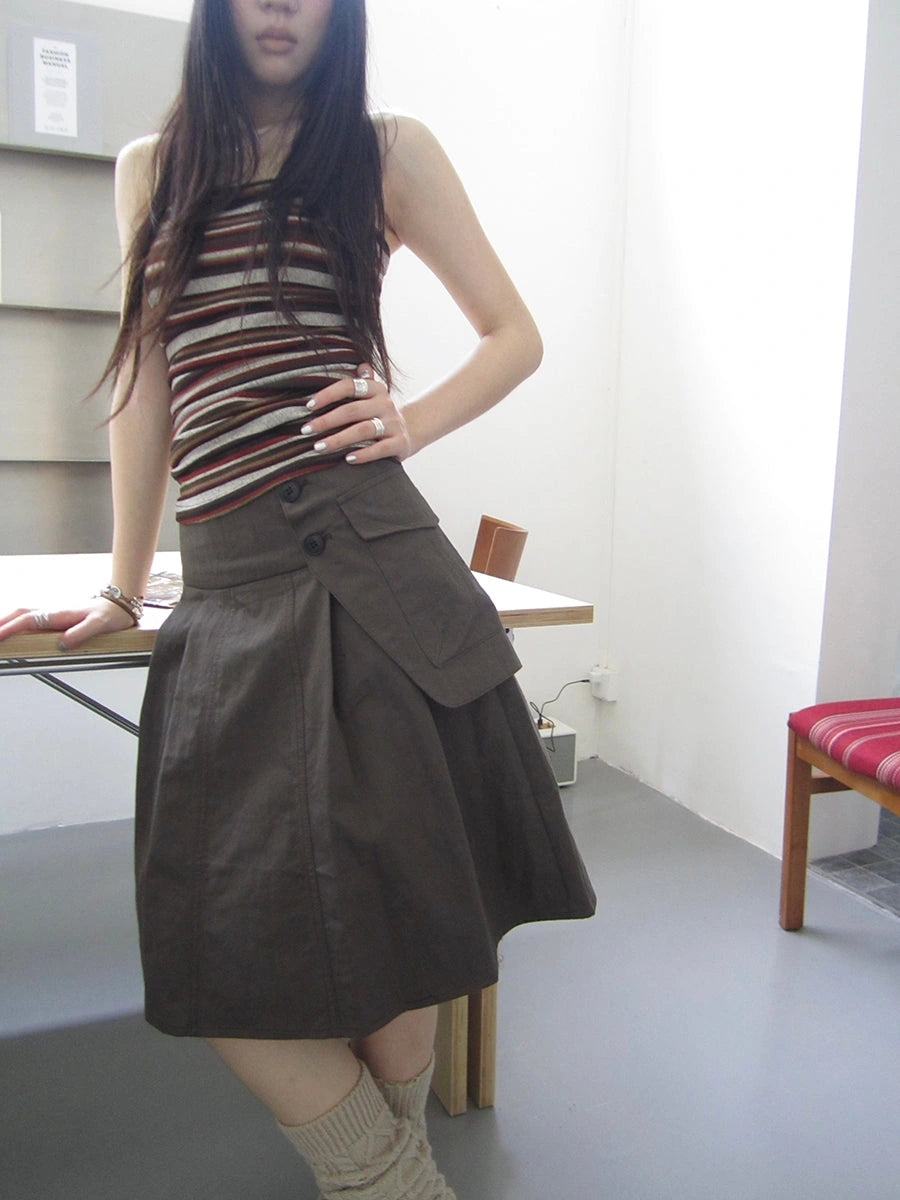 Vintage Button Detail Pleated A Line Skirt