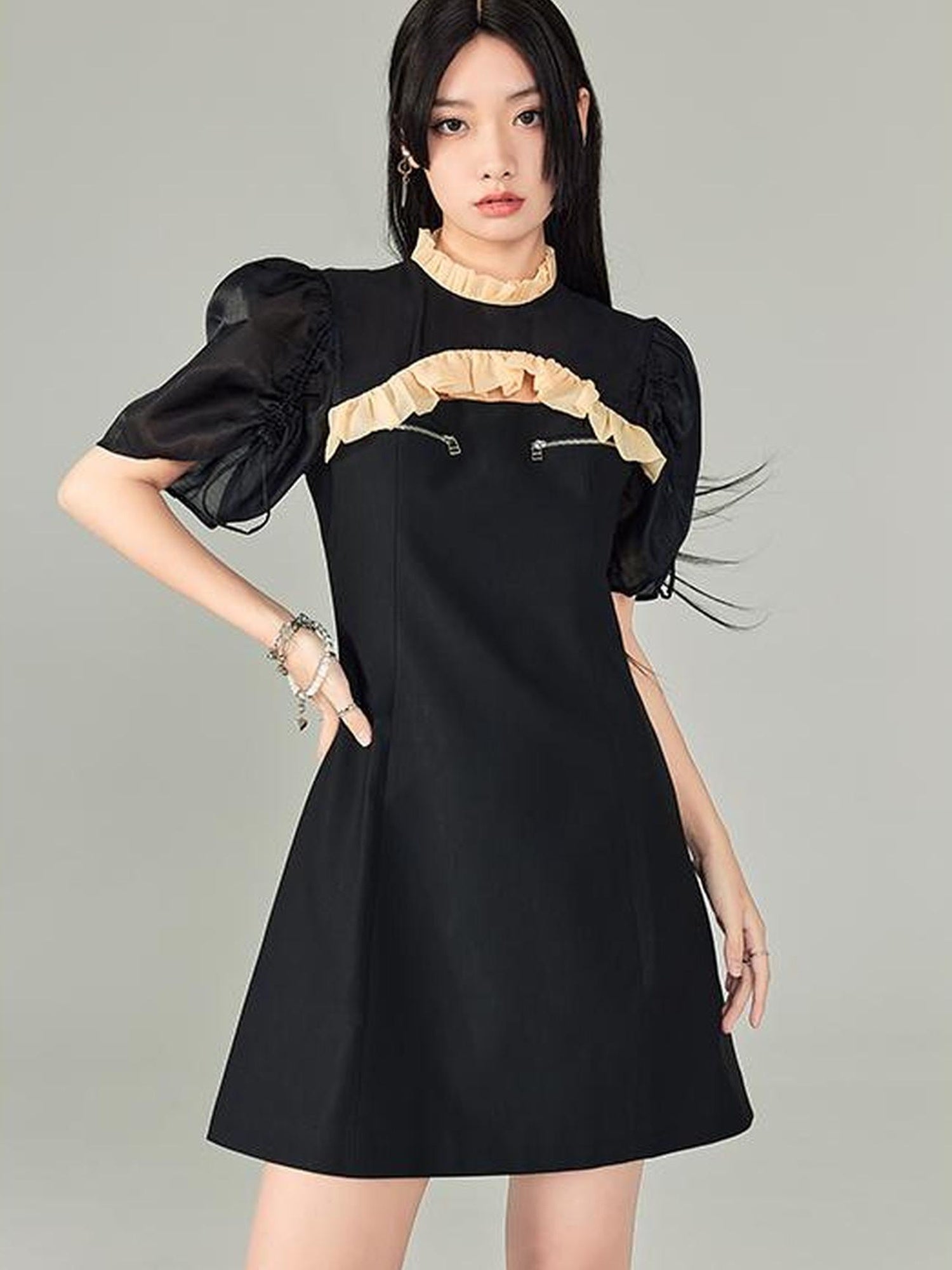 DIDDI MODA Bubble Sleeve Cheongsam Mini Dress With Lace Trim