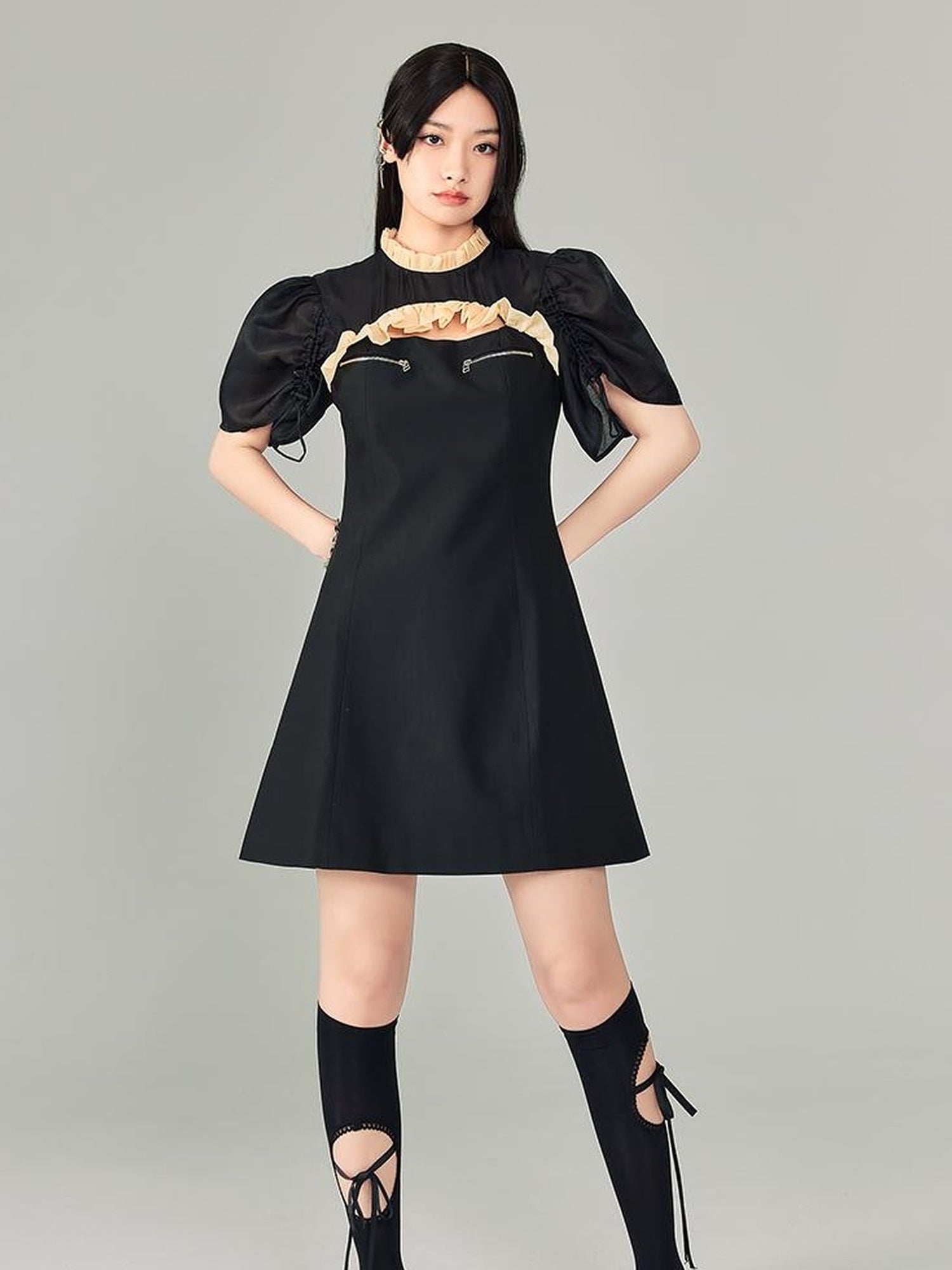 DIDDI MODA Bubble Sleeve Cheongsam Mini Dress With Lace Trim