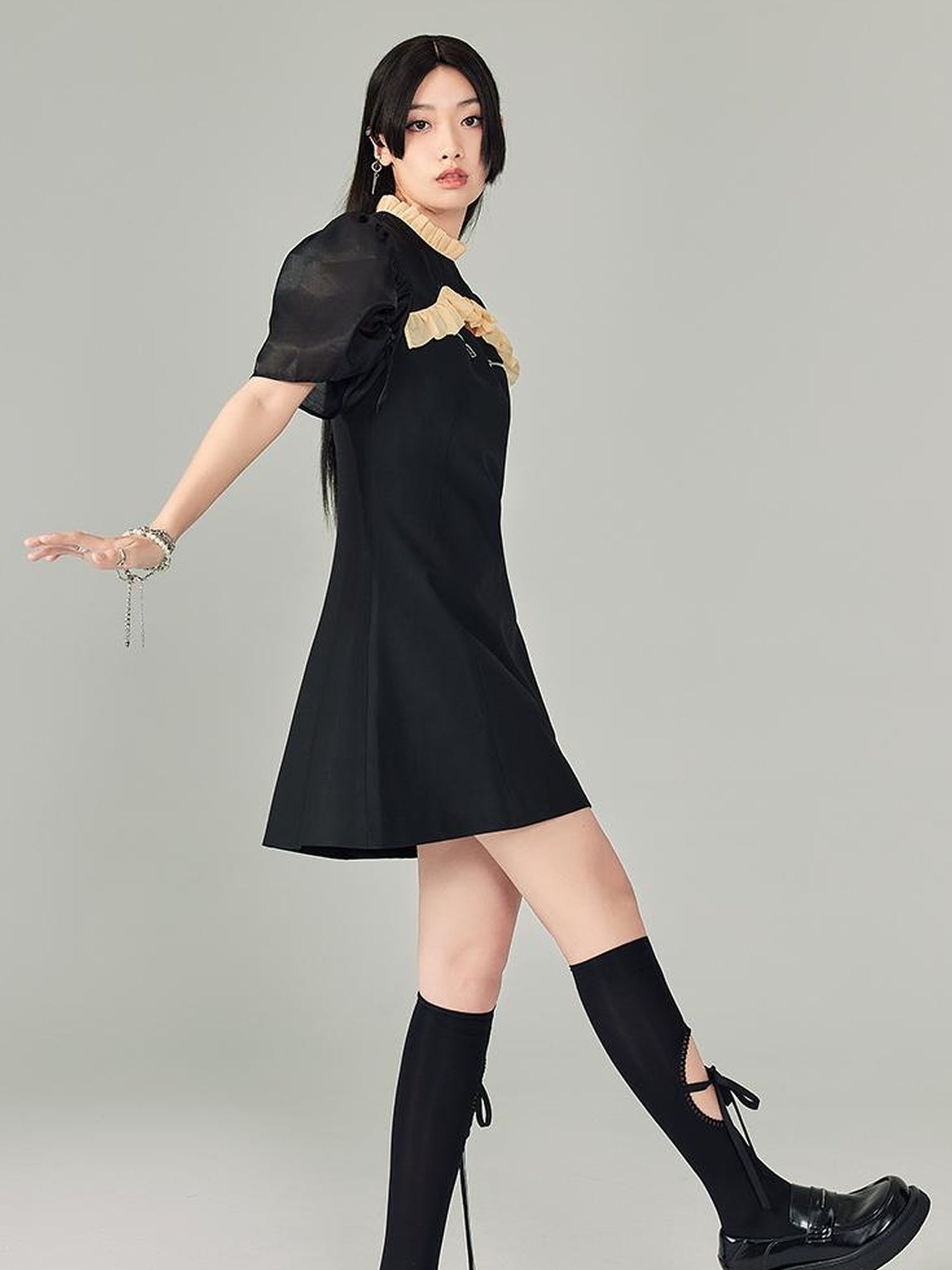 DIDDI MODA Bubble Sleeve Cheongsam Mini Dress With Lace Trim