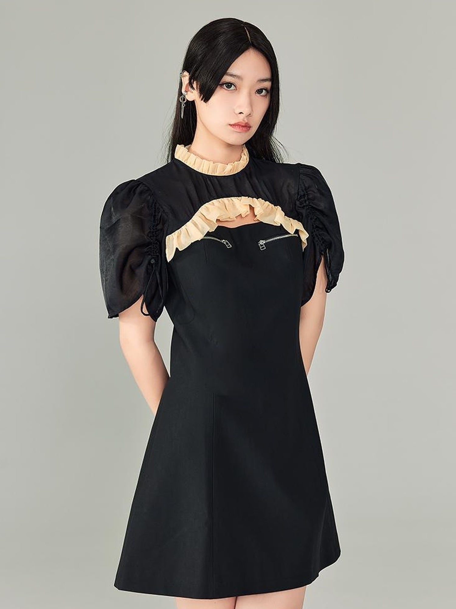 DIDDI MODA Bubble Sleeve Cheongsam Mini Dress With Lace Trim