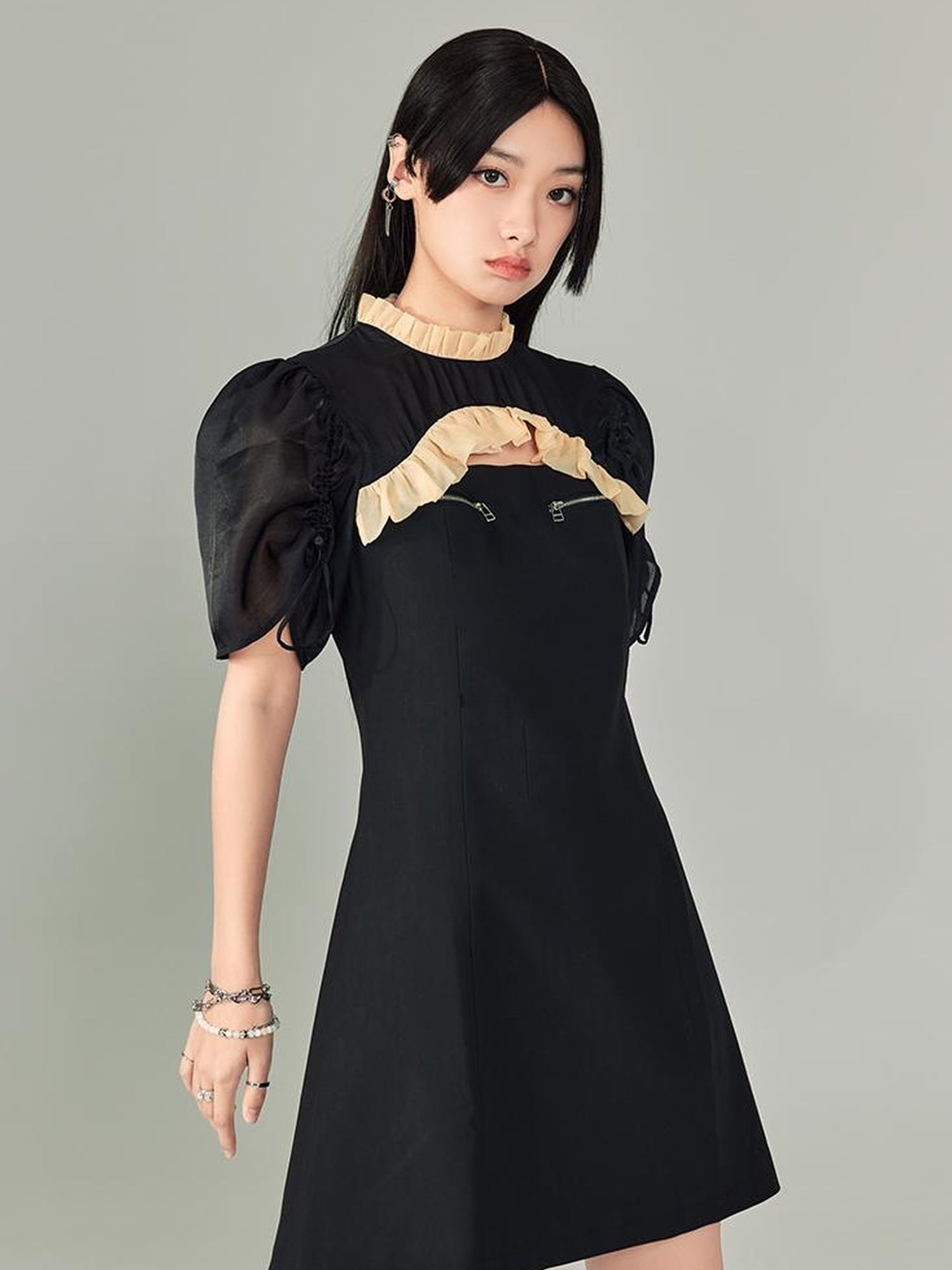 DIDDI MODA Bubble Sleeve Cheongsam Mini Dress With Lace Trim