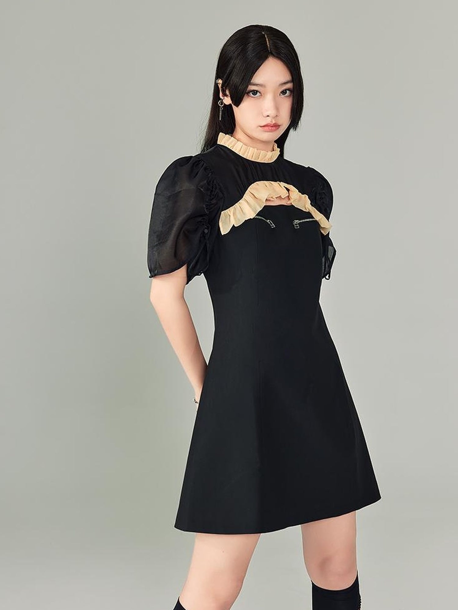 DIDDI MODA Bubble Sleeve Cheongsam Mini Dress With Lace Trim