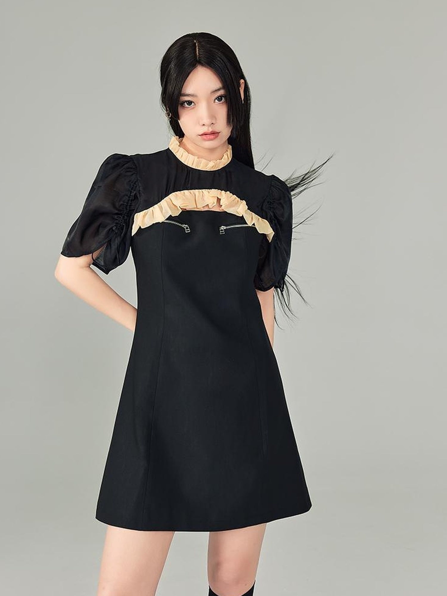 DIDDI MODA Bubble Sleeve Cheongsam Mini Dress With Lace Trim