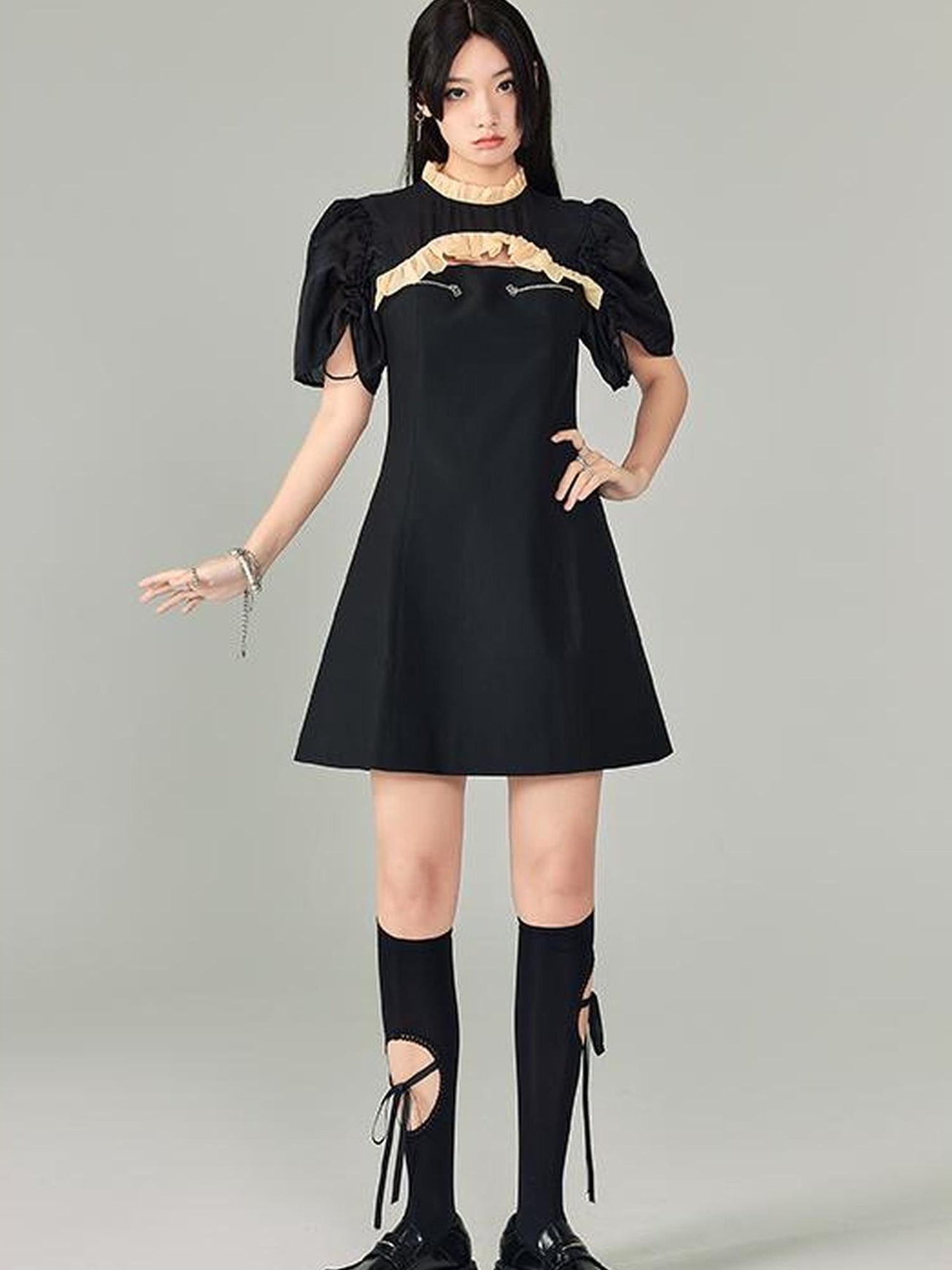 DIDDI MODA Bubble Sleeve Cheongsam Mini Dress With Lace Trim