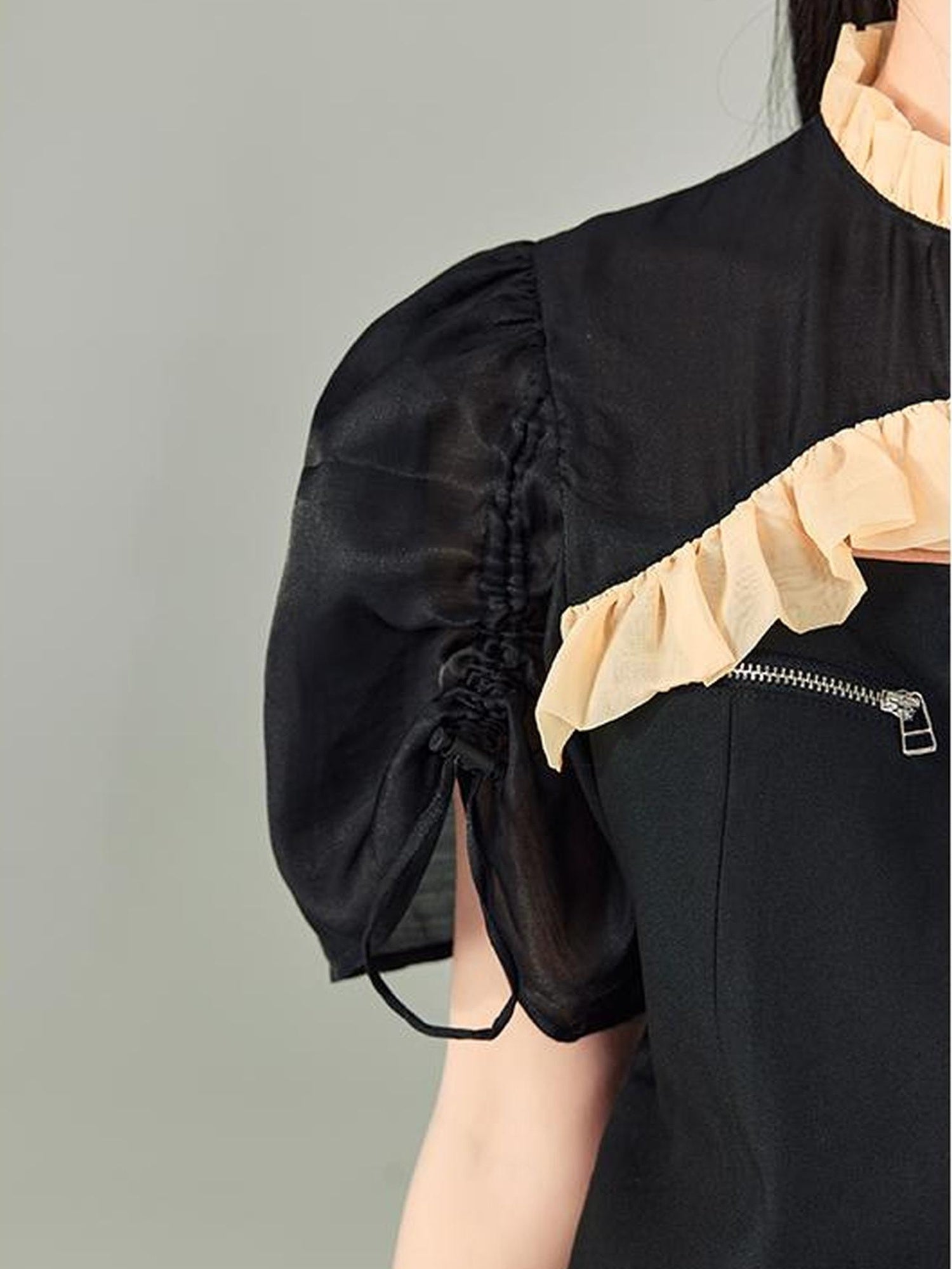 DIDDI MODA Bubble Sleeve Cheongsam Mini Dress With Lace Trim