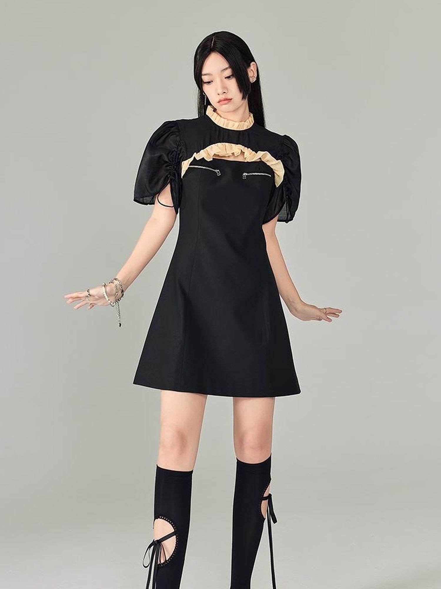 DIDDI MODA Bubble Sleeve Cheongsam Mini Dress With Lace Trim