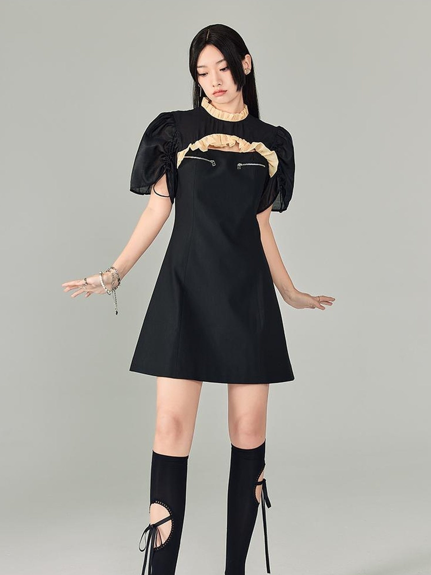DIDDI MODA Bubble Sleeve Cheongsam Mini Dress With Lace Trim
