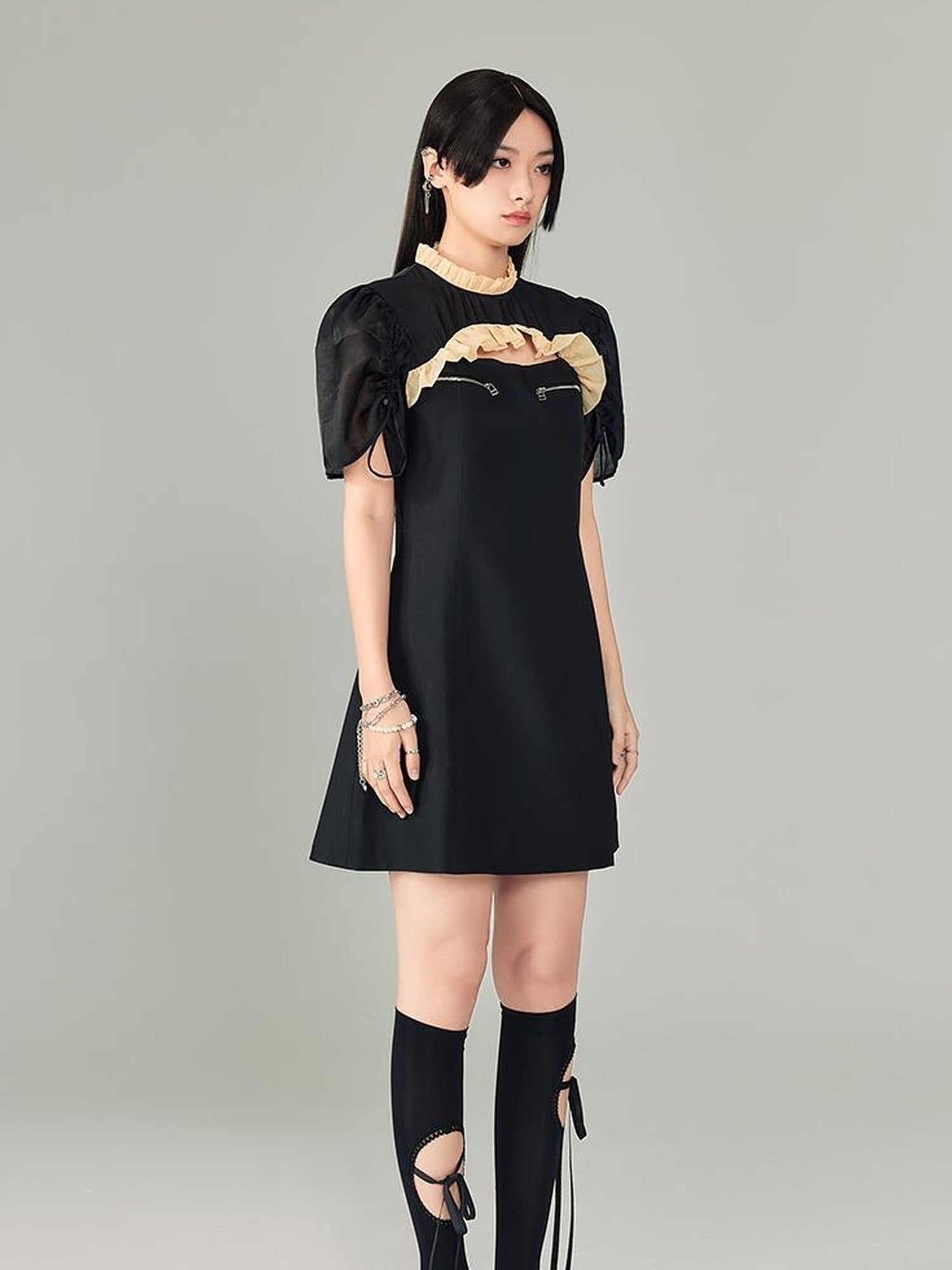 DIDDI MODA Bubble Sleeve Cheongsam Mini Dress With Lace Trim