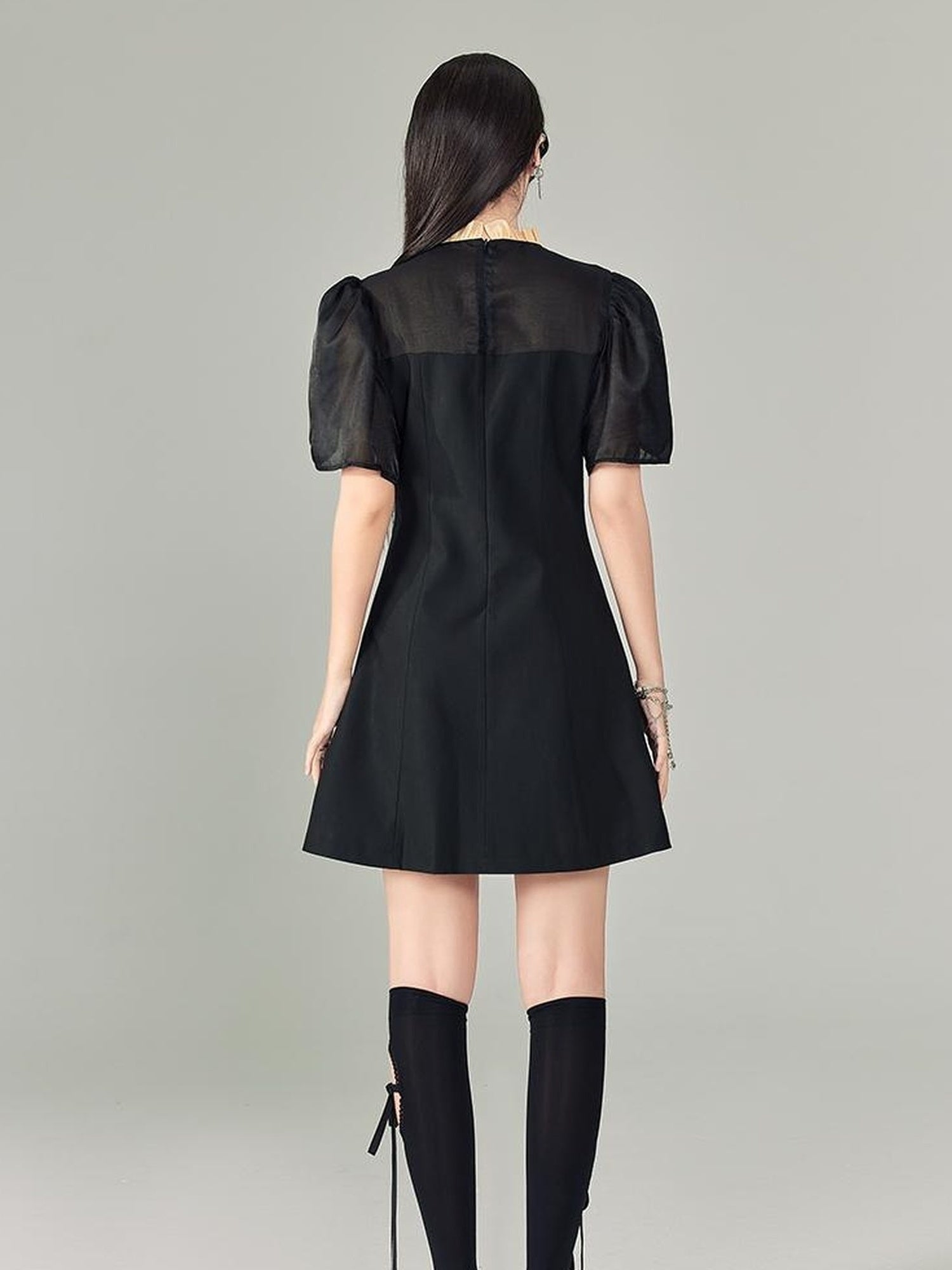 DIDDI MODA Bubble Sleeve Cheongsam Mini Dress With Lace Trim