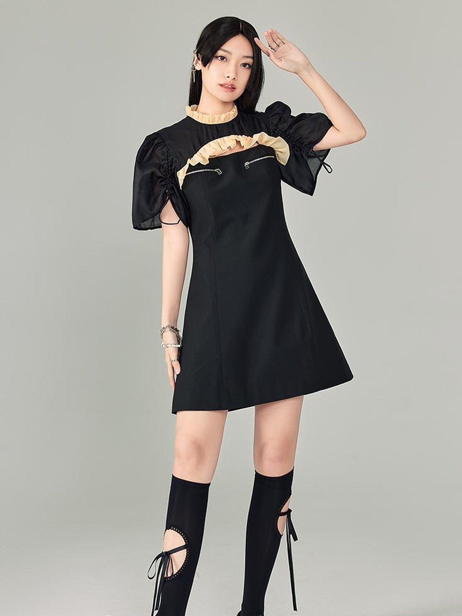 DIDDI MODA Bubble Sleeve Cheongsam Mini Dress With Lace Trim