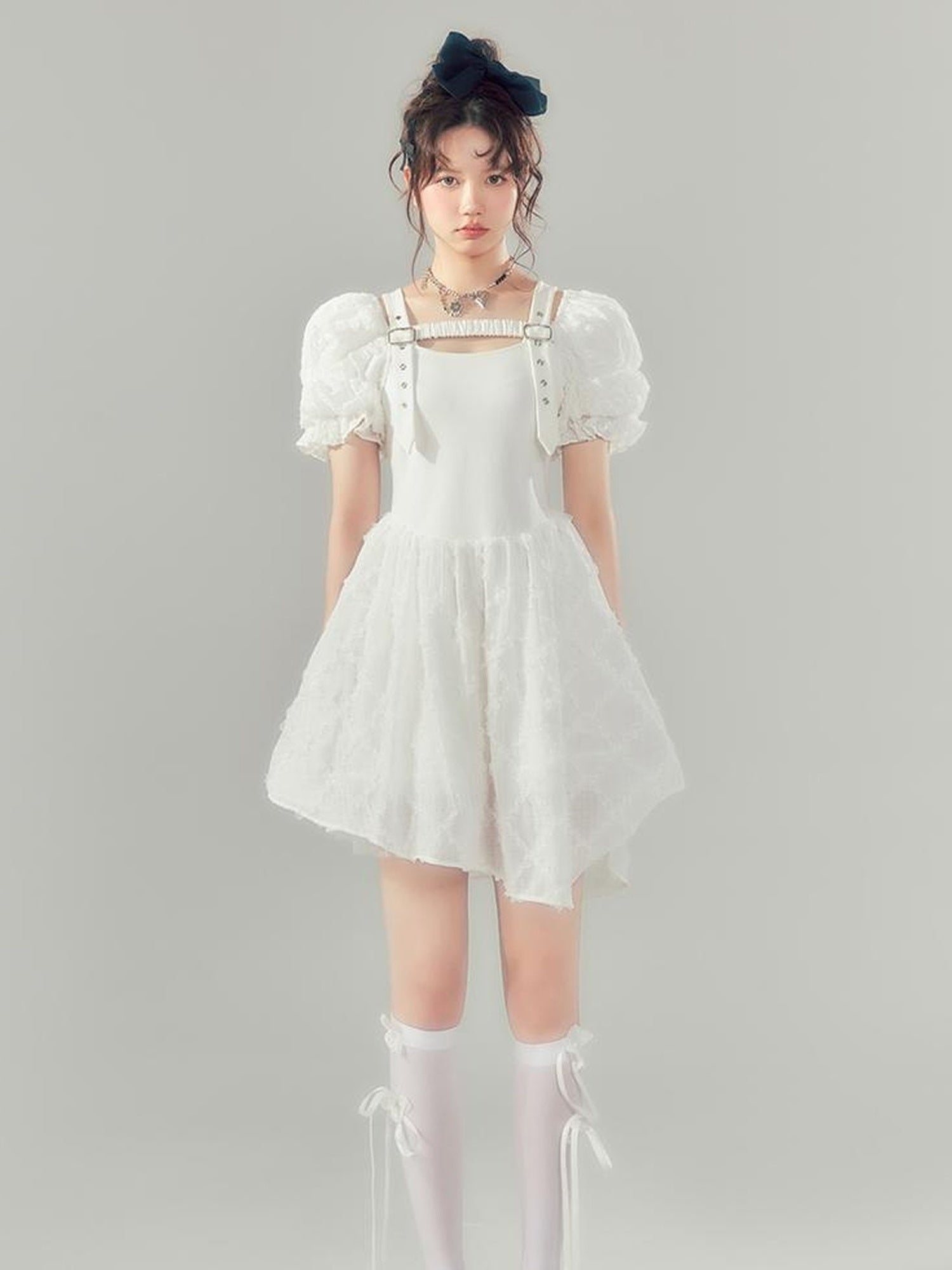 DIDDI MODA Bubble Sleeve Corset Waist A Line Mini Dress