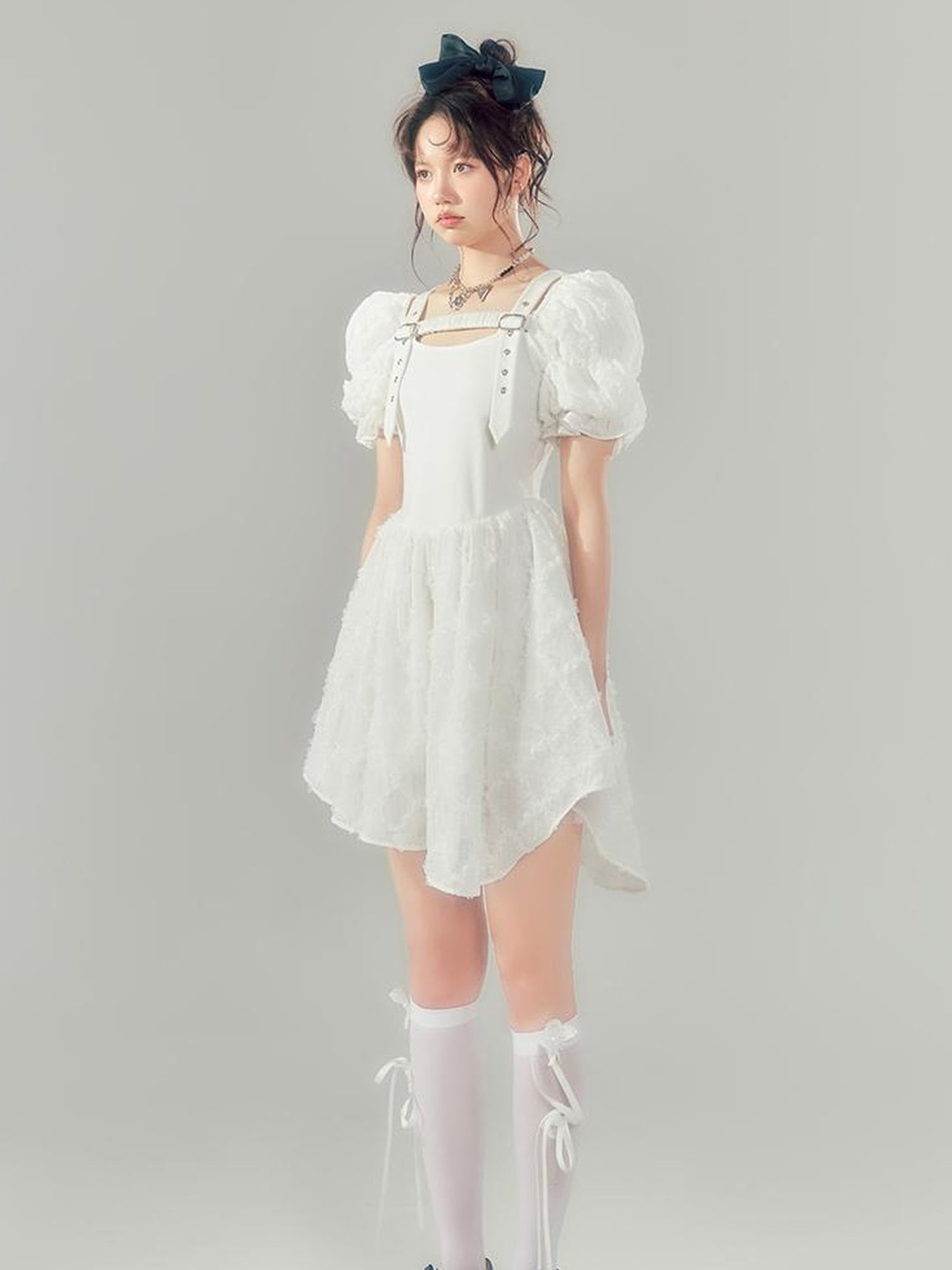 DIDDI MODA Bubble Sleeve Corset Waist A Line Mini Dress