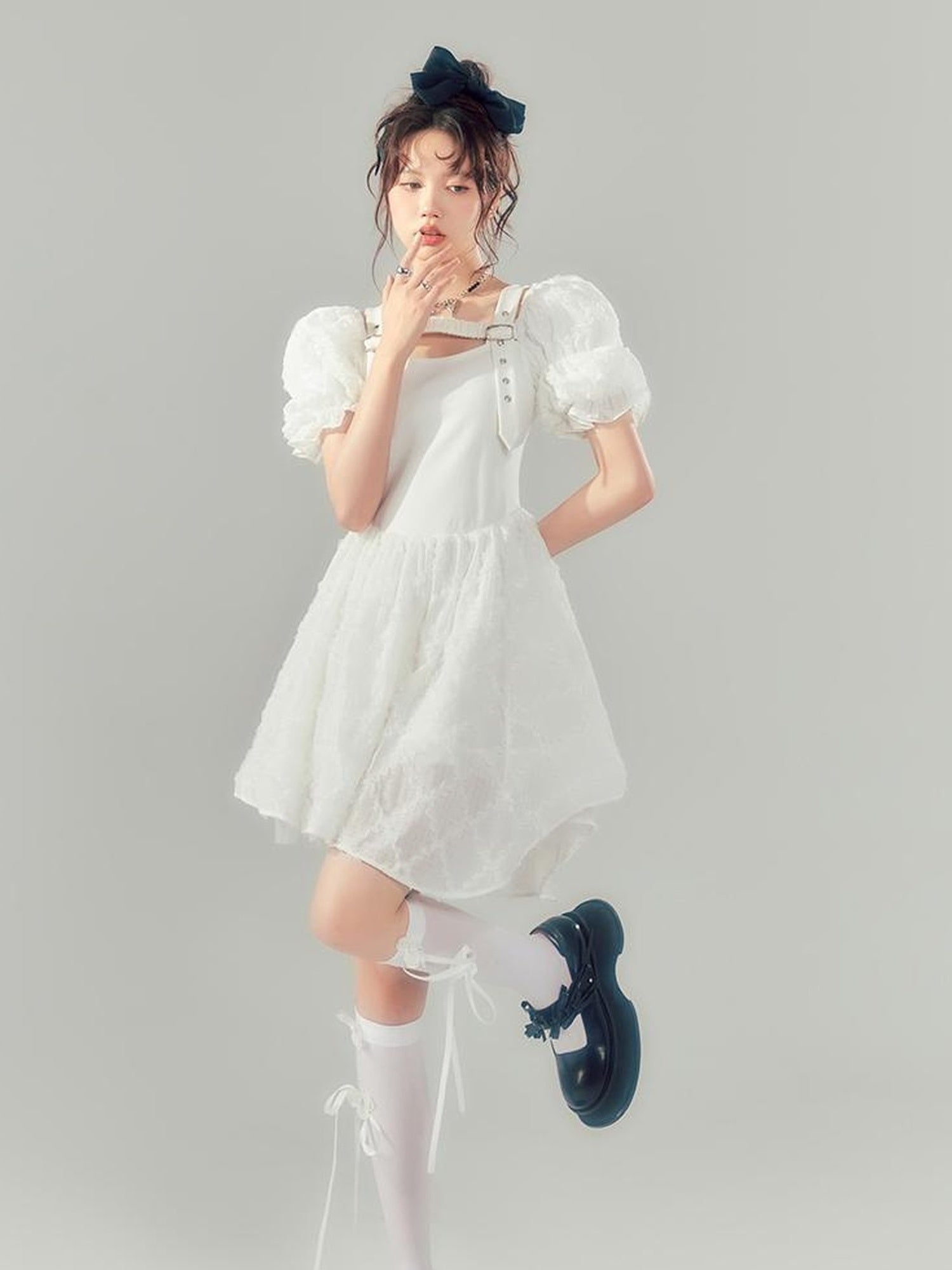 DIDDI MODA Bubble Sleeve Corset Waist A Line Mini Dress