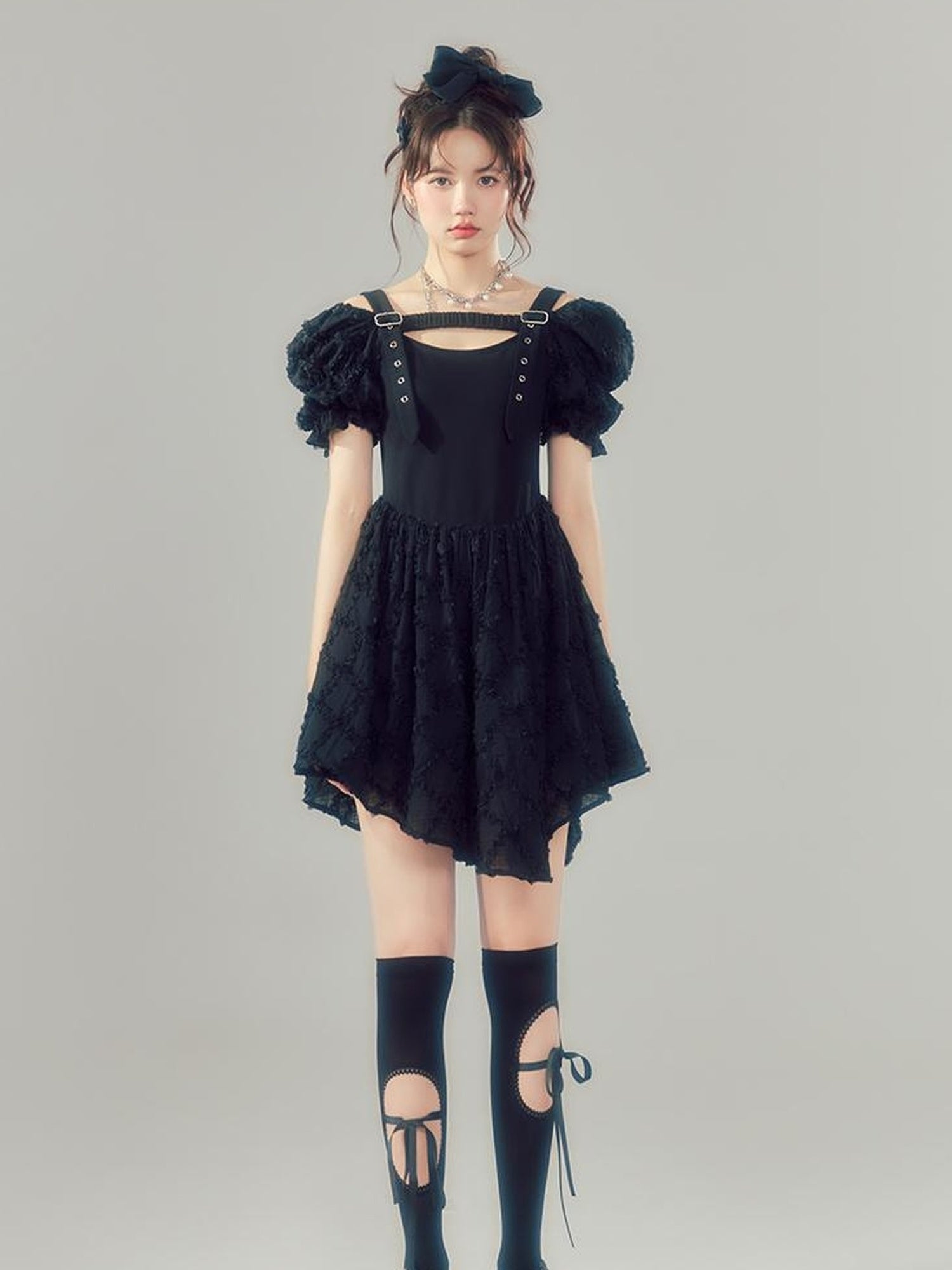 DIDDI MODA Bubble Sleeve Corset Waist A Line Mini Dress