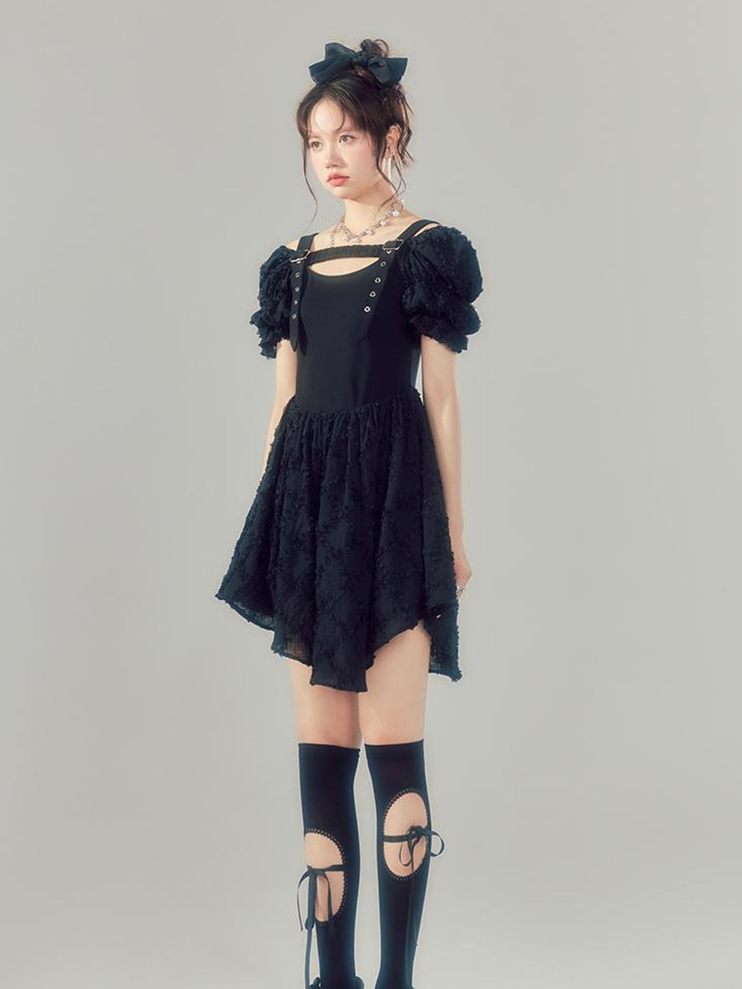 DIDDI MODA Bubble Sleeve Corset Waist A Line Mini Dress