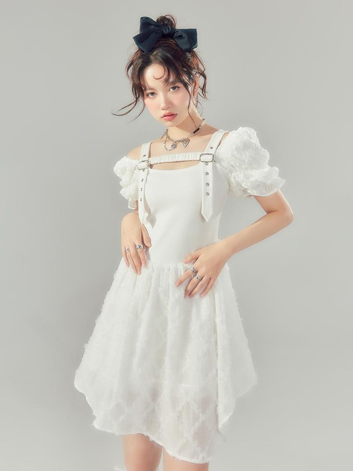 DIDDI MODA Bubble Sleeve Corset Waist A Line Mini Dress