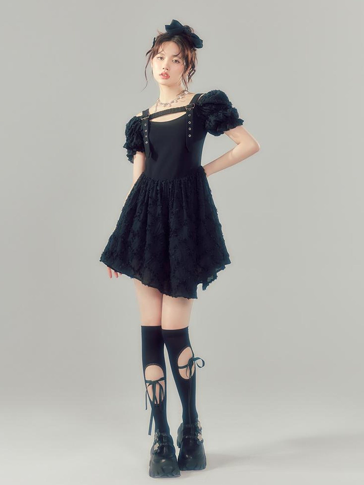 DIDDI MODA Bubble Sleeve Corset Waist A Line Mini Dress