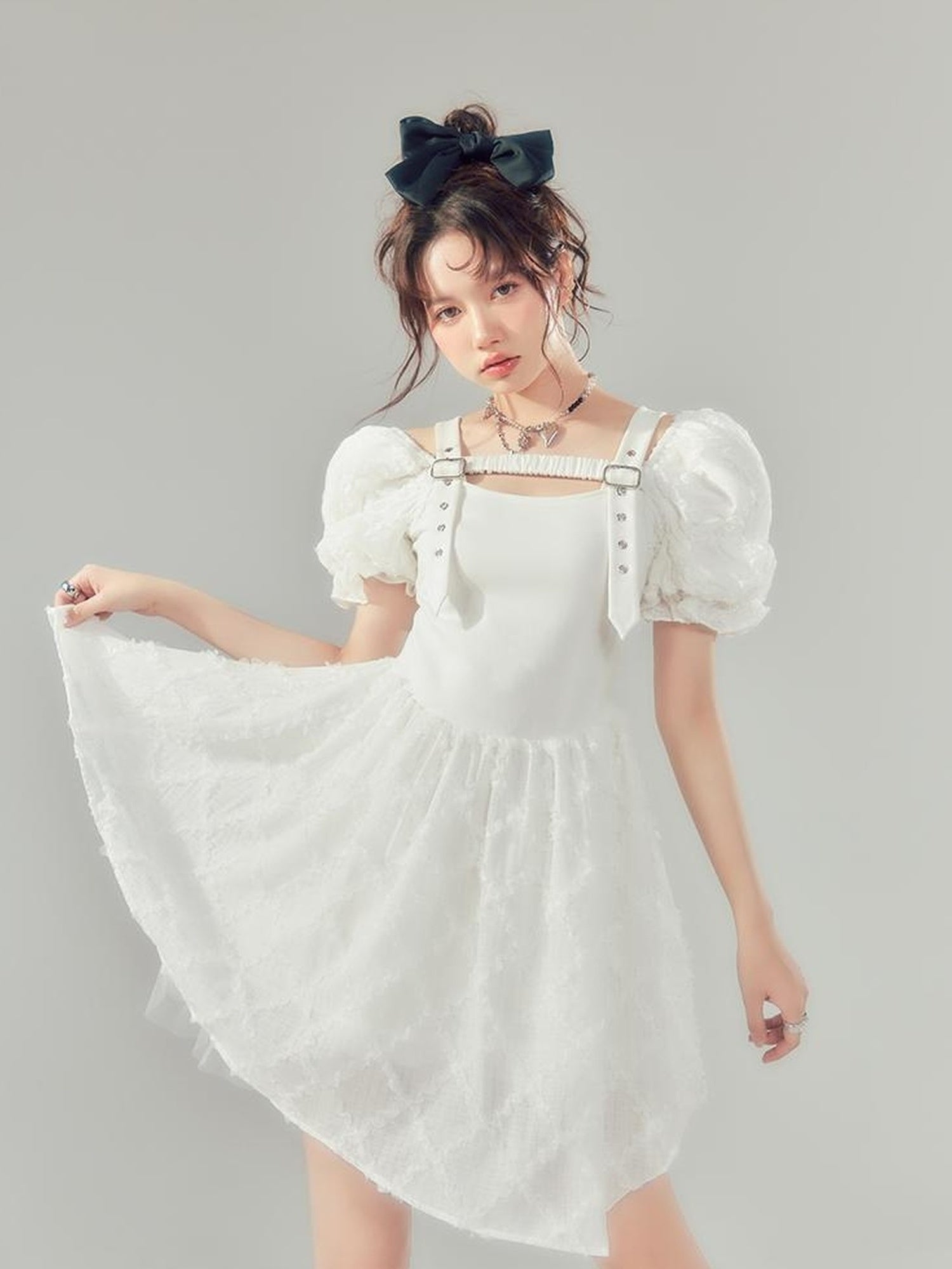 DIDDI MODA Bubble Sleeve Corset Waist A Line Mini Dress