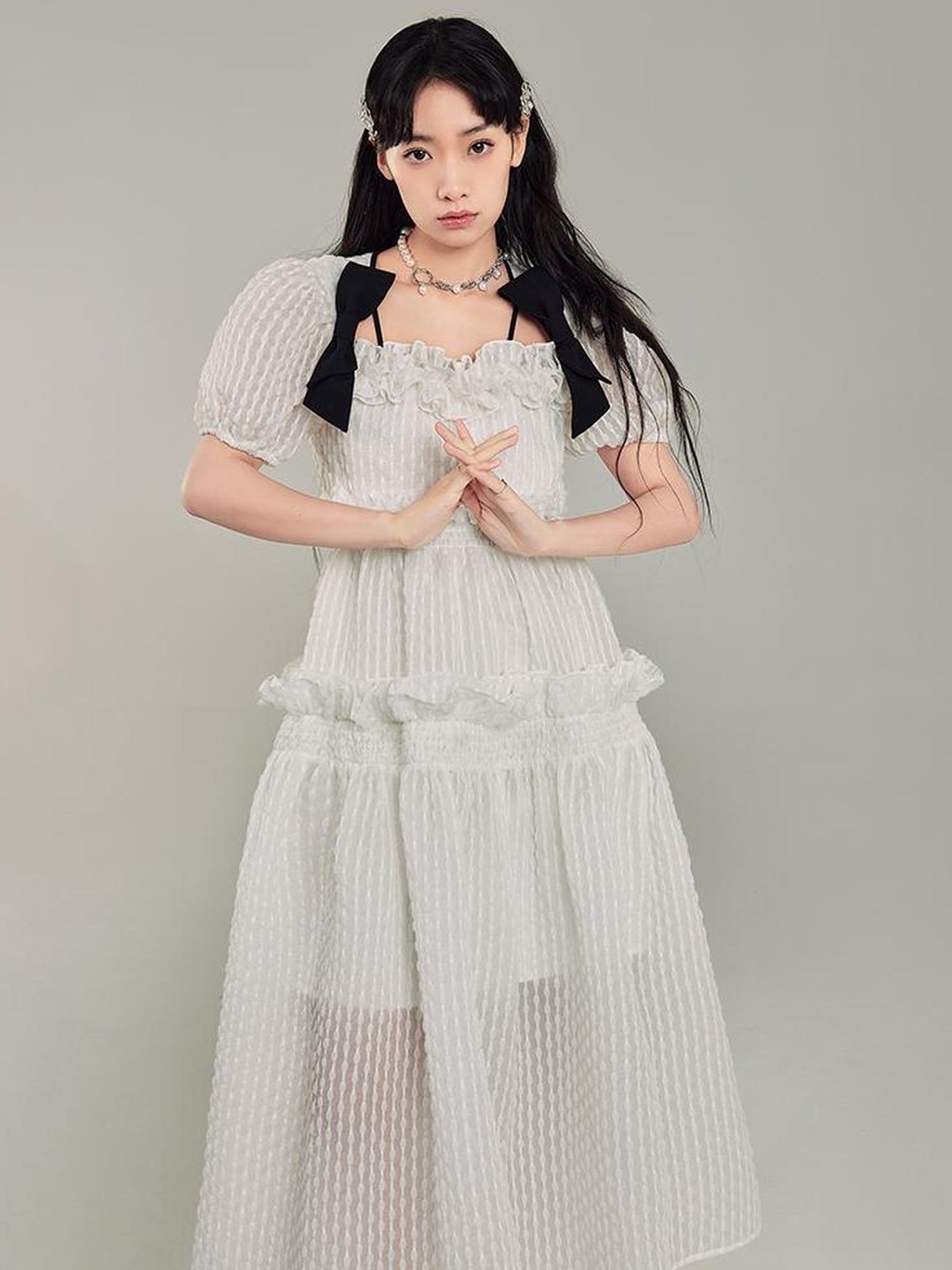 DIDDI MODA Bubble Sweetheart Bow Waist Maxi Dress