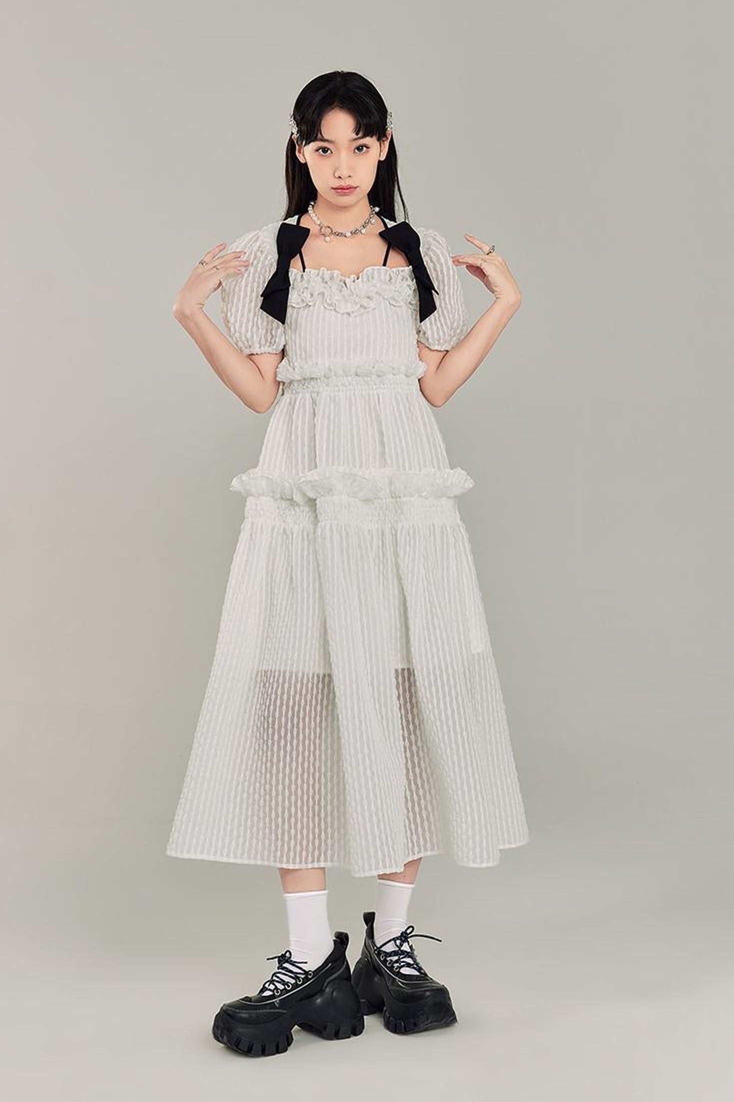 DIDDI MODA Bubble Sweetheart Bow Waist Maxi Dress